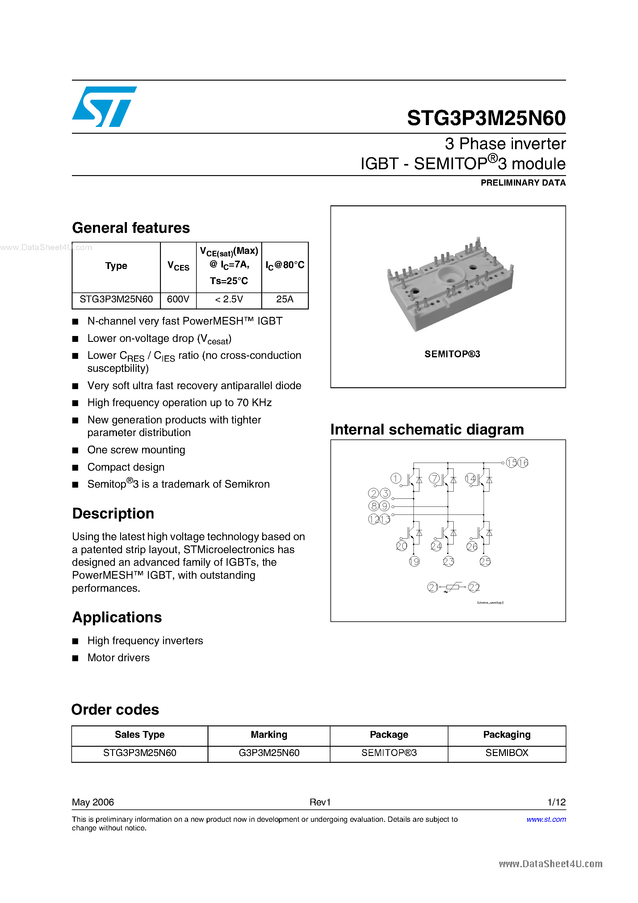 Datasheet STG3P3M25N60 - 3 Phase inverter IGBT - SEMITOP module page 1