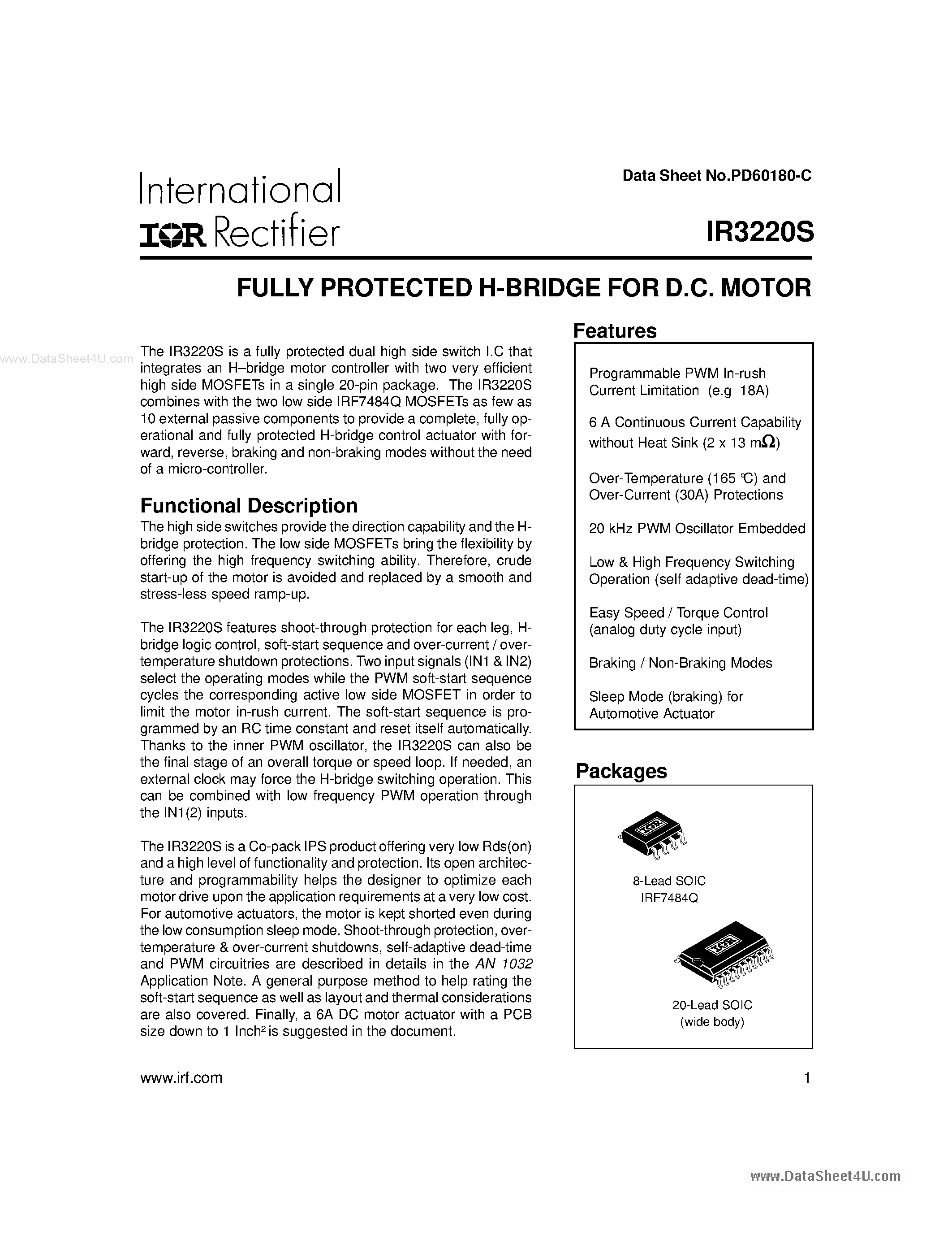 Datasheet IR3220S page 1 Datasheet IR3220S - FULLY PROTECTED H-BRIDGE page 1