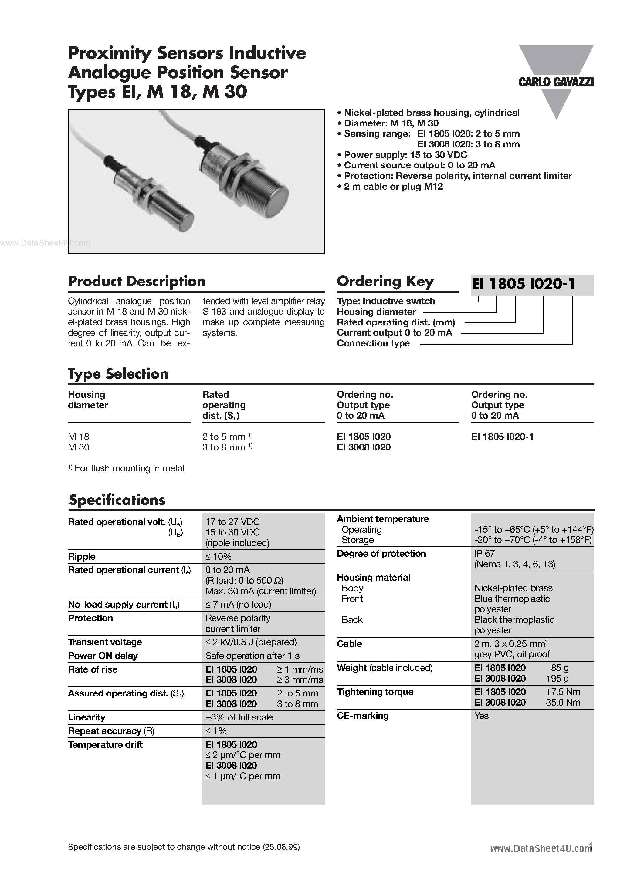 Datasheet EI1805I020-1 - Proximity Sensors Inductive Analogue Position Sensor page 1