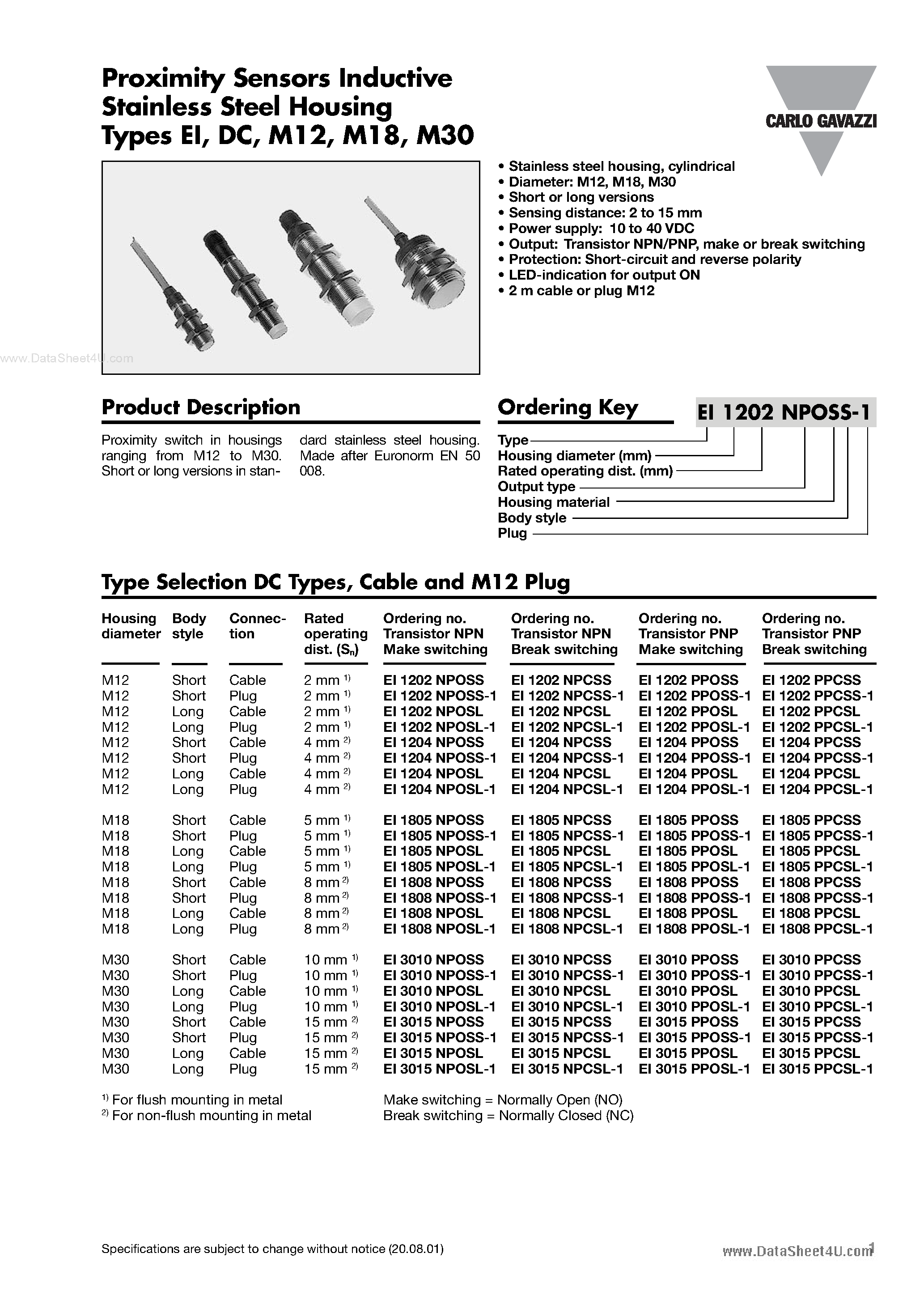 Даташит на микросхему EI1202NPOSS-1 страница 1 Даташит EI1202NPOSS-1 - Proximity Sensors Inductive Stainless Steel Housing страница 1