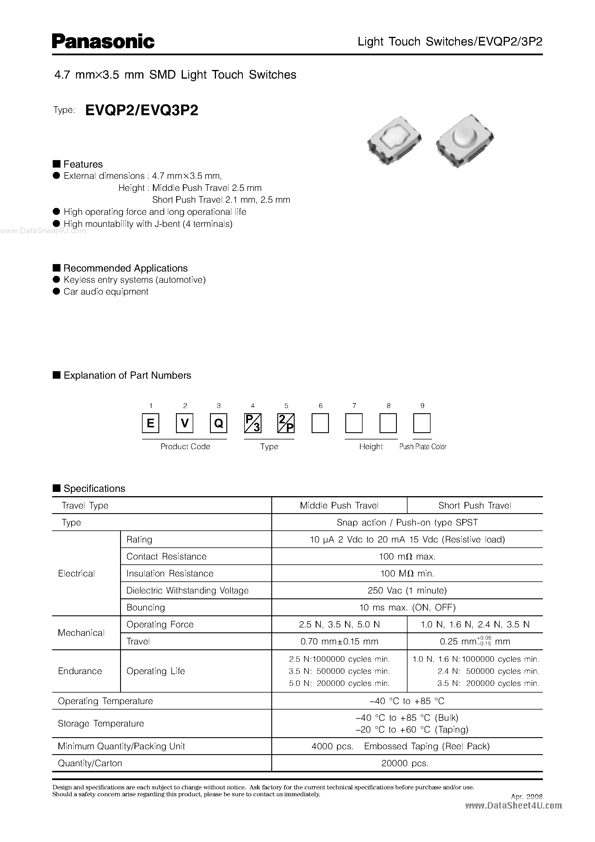 Даташит EVQ-3P2 - SMD Light Touch Switches страница 1