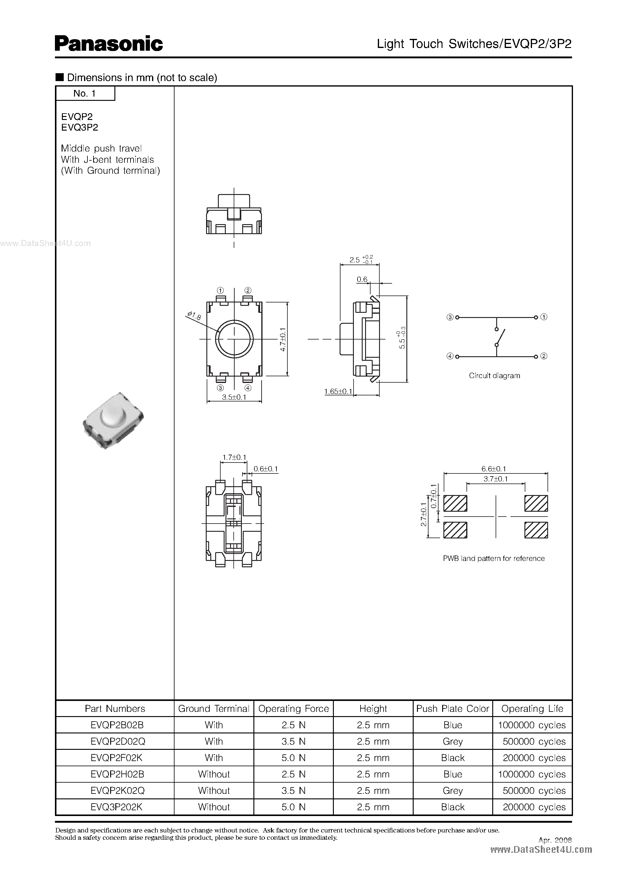 Даташит EVQ-3P2 - SMD Light Touch Switches страница 2