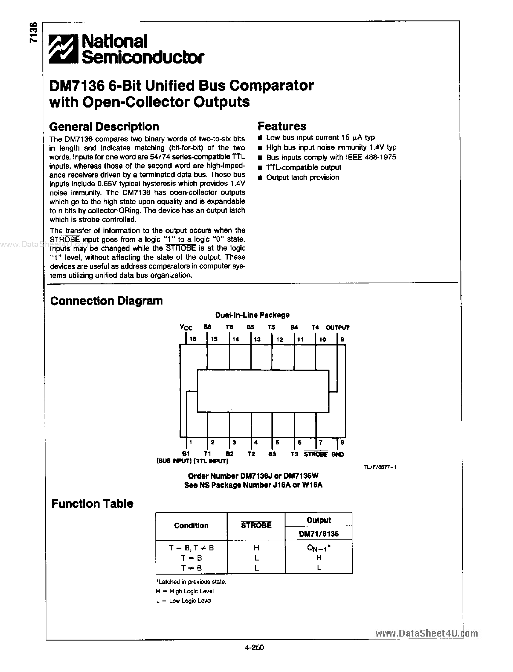 Datasheet DM7136 - 6-BIT UNIFIED BUS COMPARATOR page 1