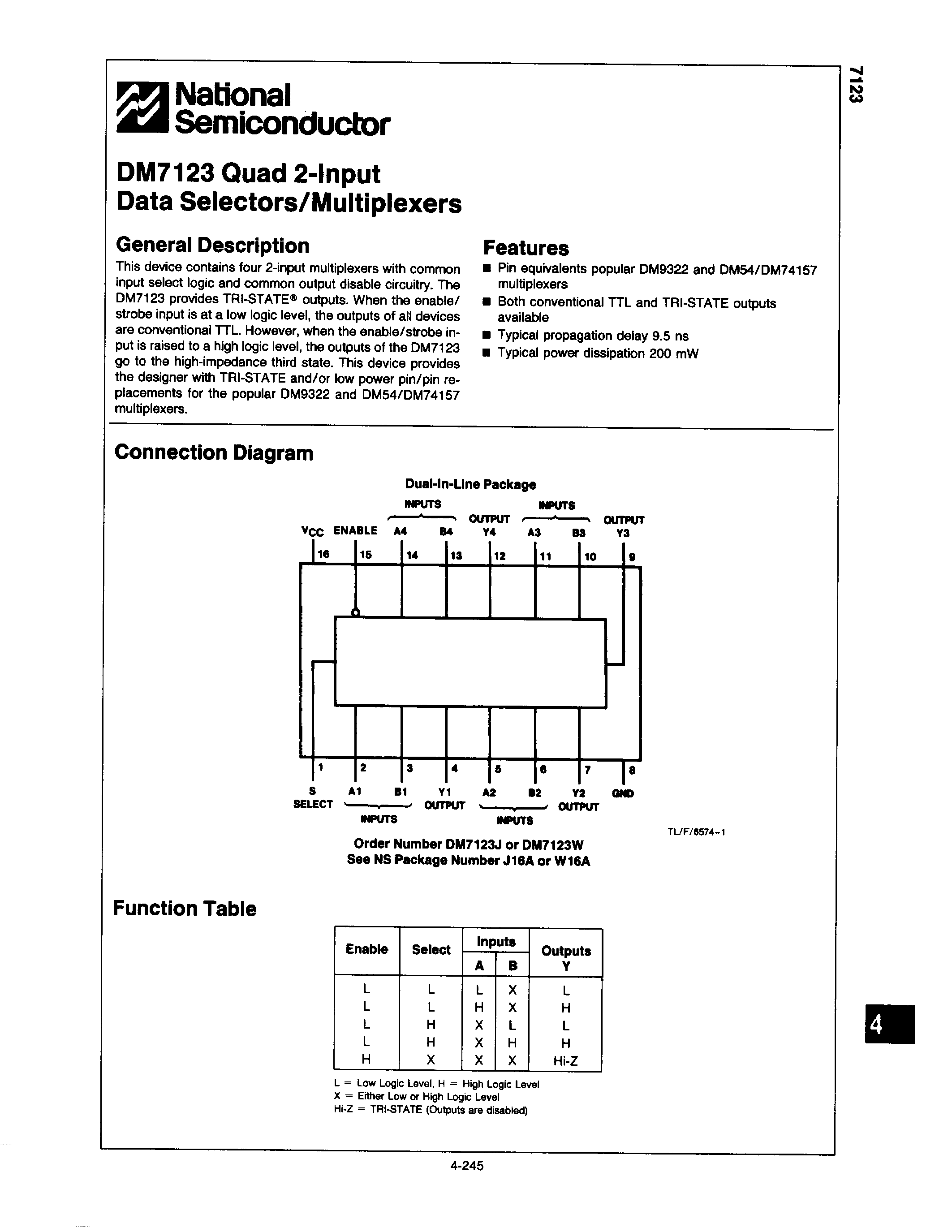 Даташит на микросхему DM7123 страница 1 Даташит DM7123 - Quad 2-Input DATA SELECTORS / MULTIPLEXERS страница 1