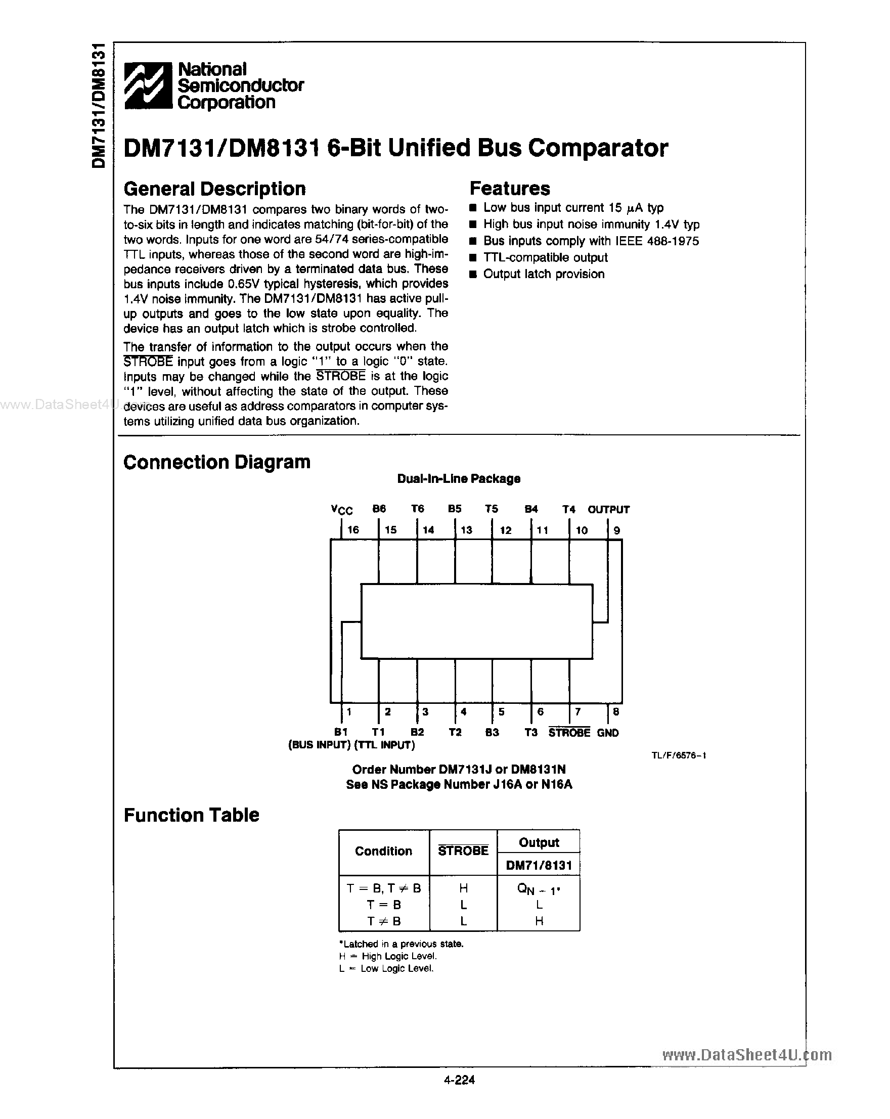 Datasheet DM8131 - 6-Bit Unified Bus Comparator page 1