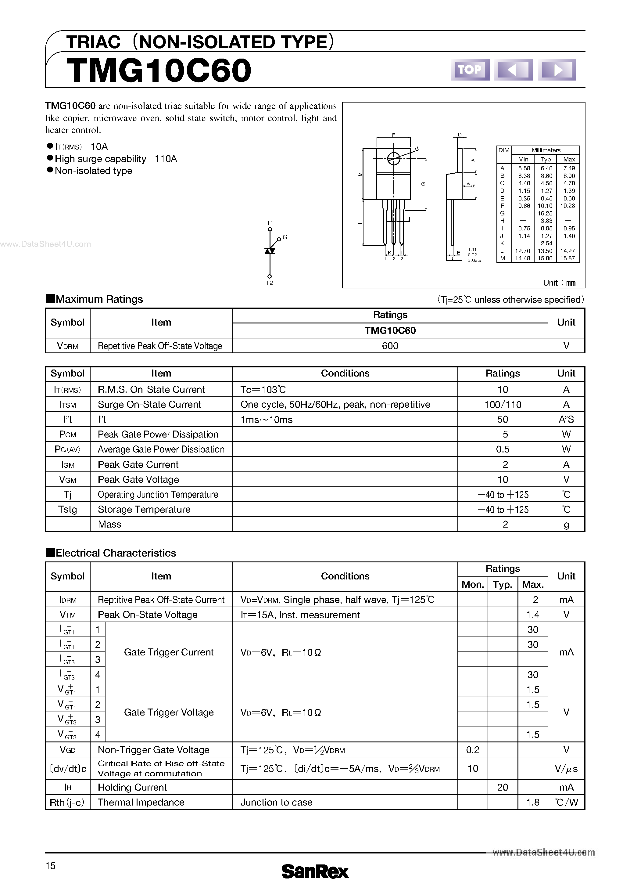 Datasheet TMG10C60 - TRIAC page 1