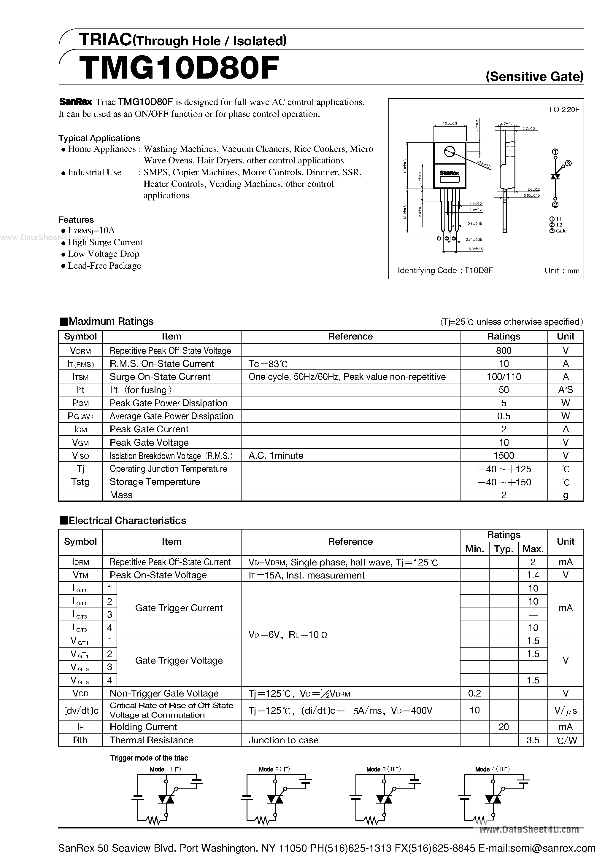 Datasheet TMG10D80F - TRIAC page 1