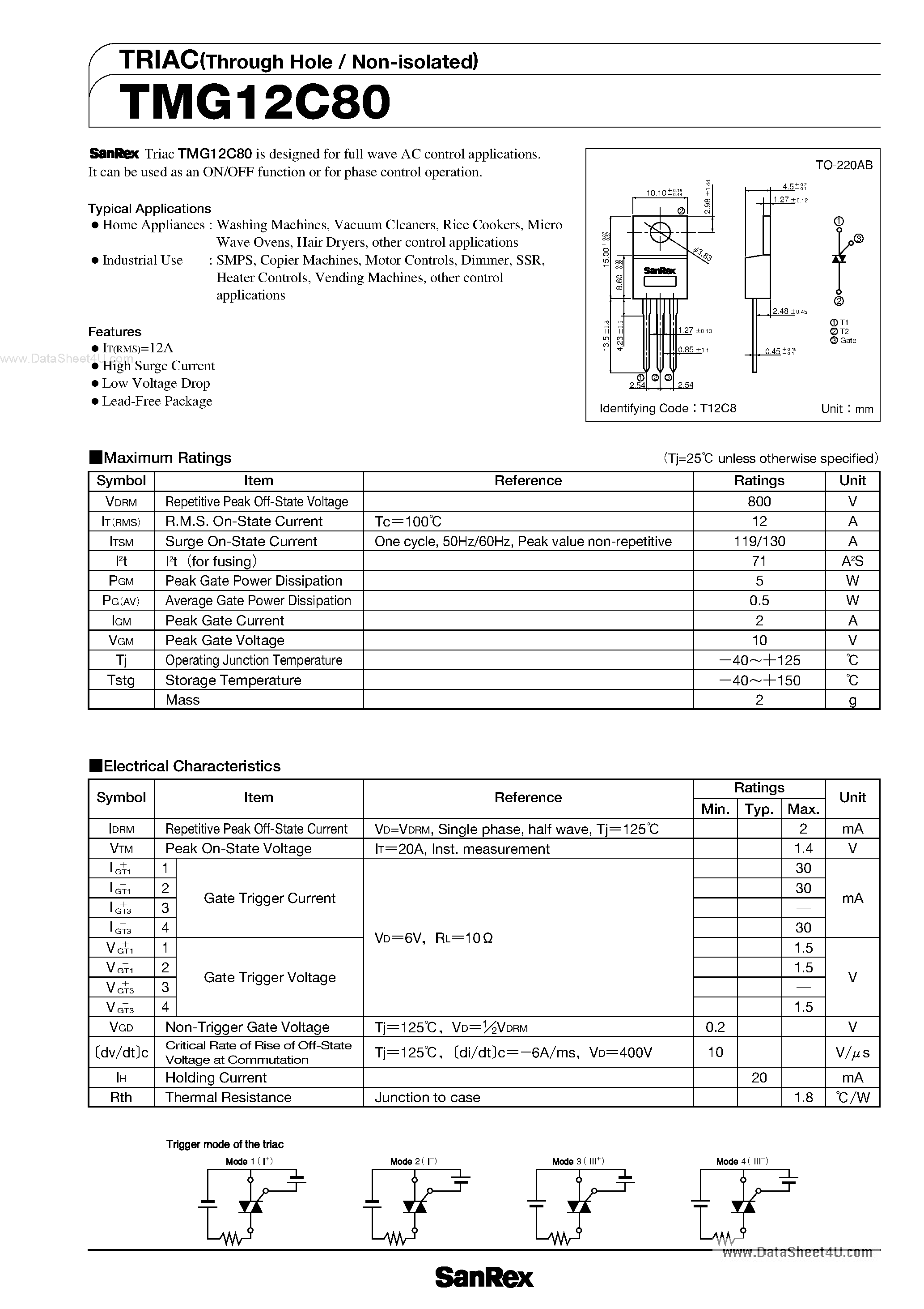 Datasheet TMG12C80 - TRIAC page 1