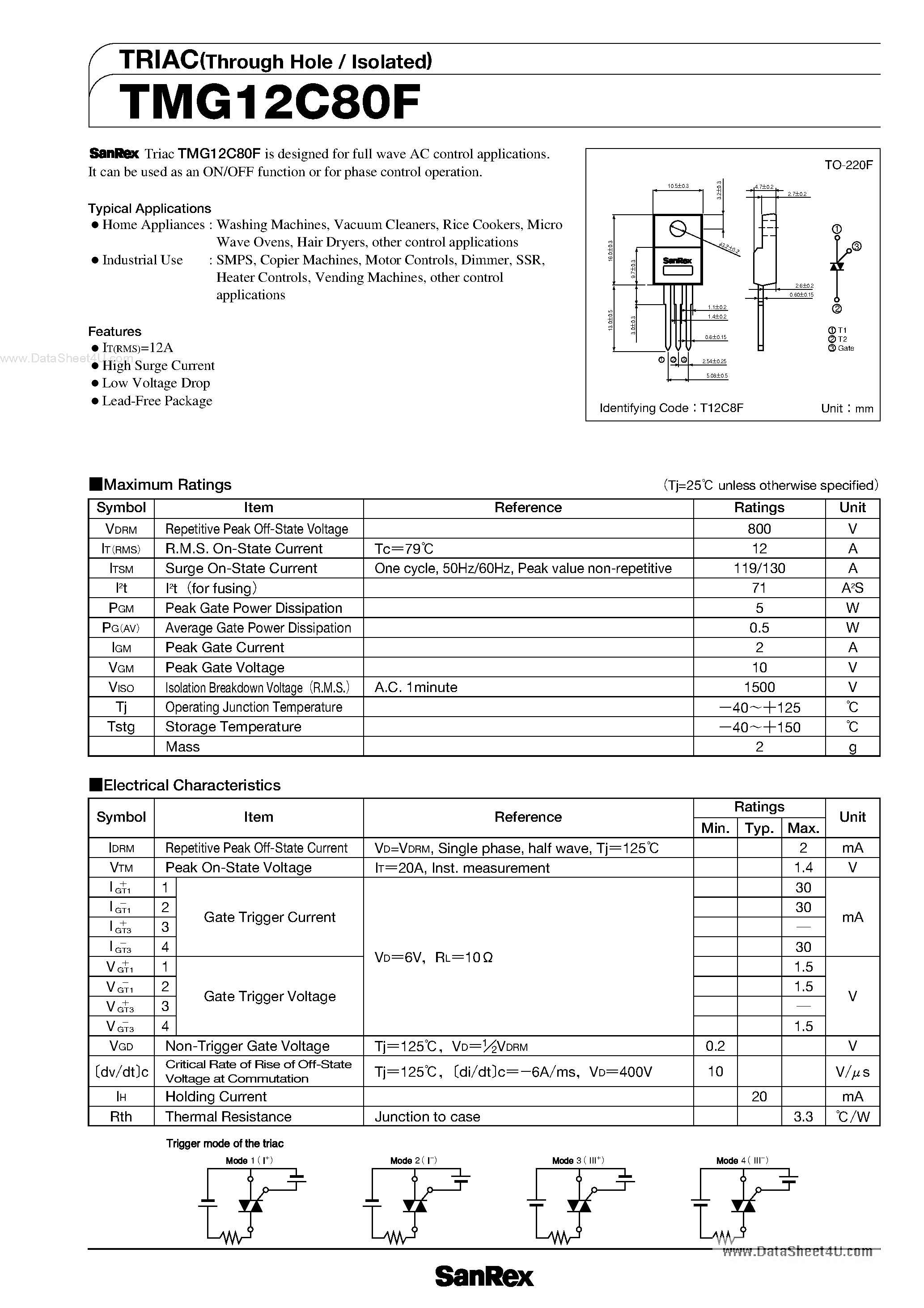 Datasheet TMG12C80F - TRIAC page 1