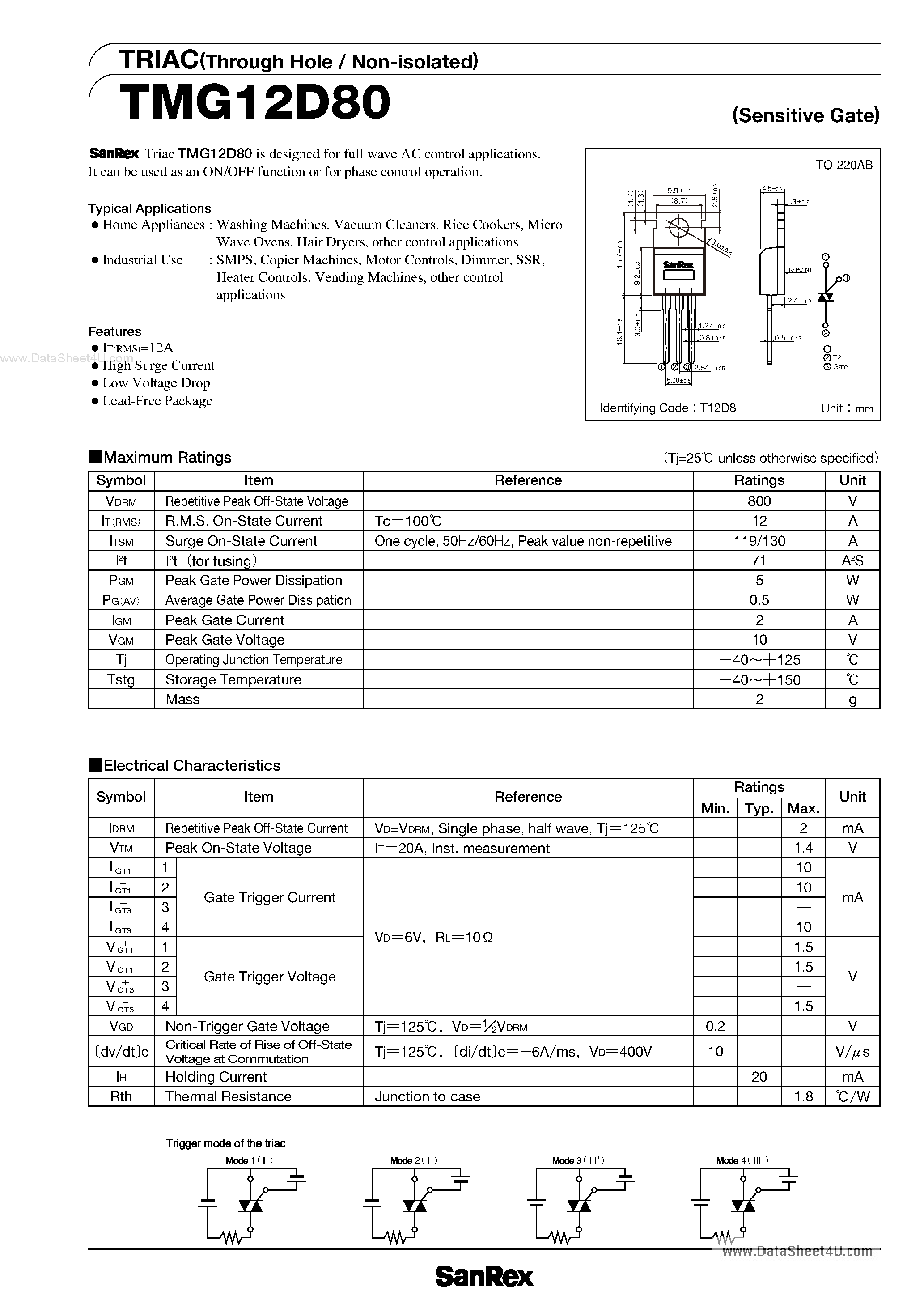 Datasheet TMG12D80 page 1 Datasheet TMG12D80 - TRIAC page 1