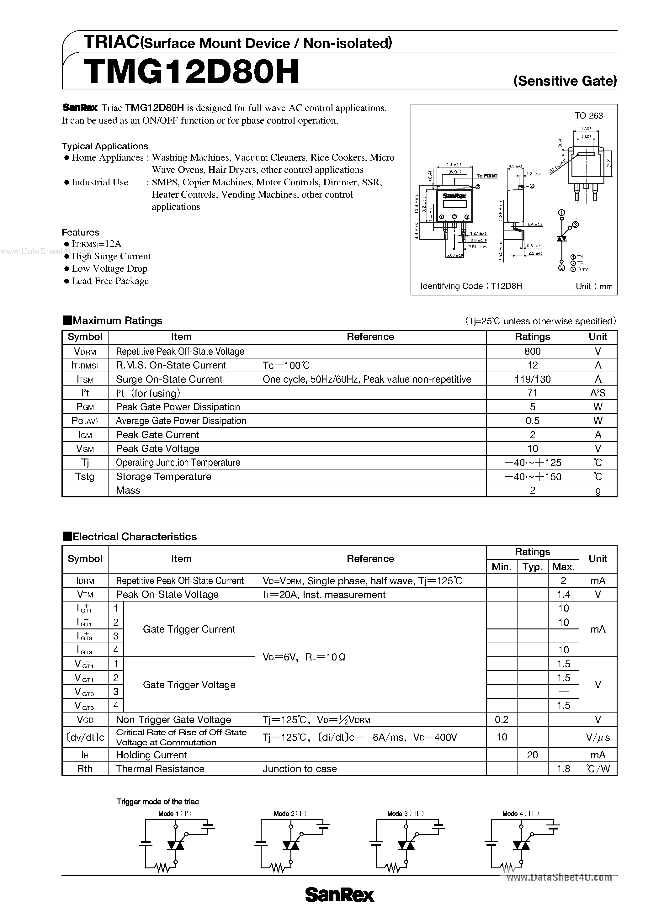 Datasheet TMG12D80H page 1 Datasheet TMG12D80H - TRIAC page 1