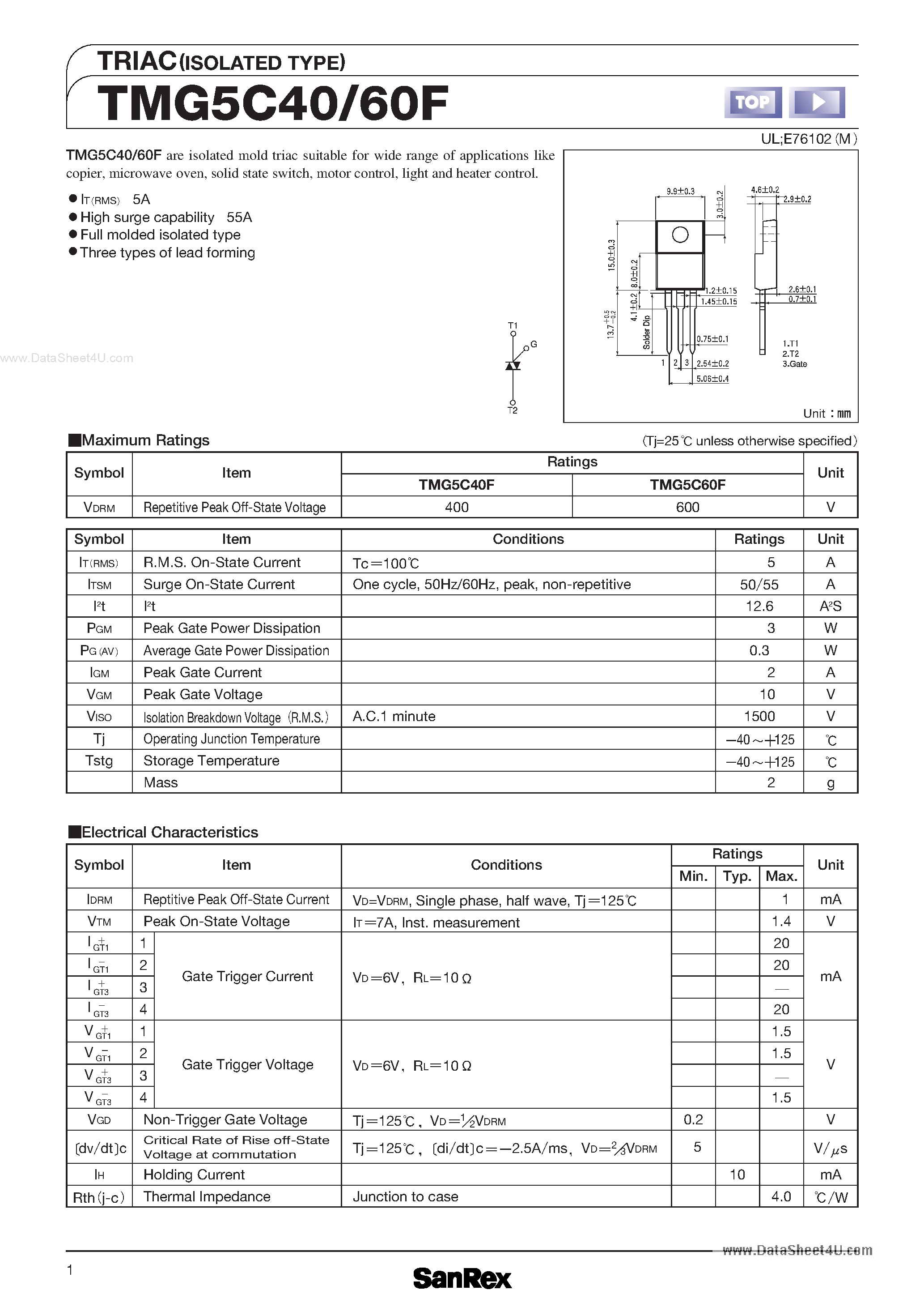 Datasheet TMG16C40 page 1 Datasheet TMG16C40 - (TMG16C40 / TMG16C60F) TRIAC page 1