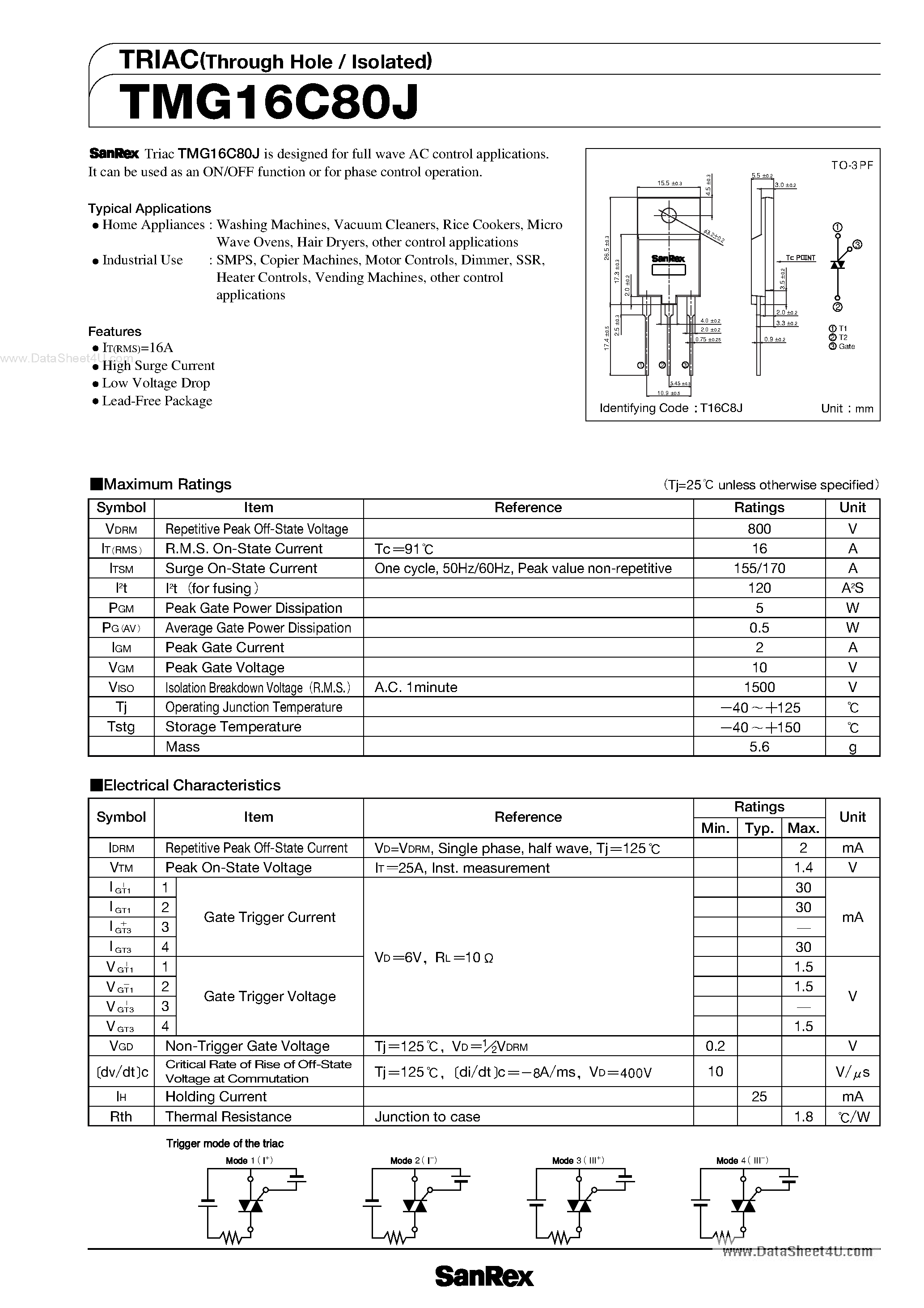Datasheet TMG16C80J page 1 Datasheet TMG16C80J - TRIAC page 1