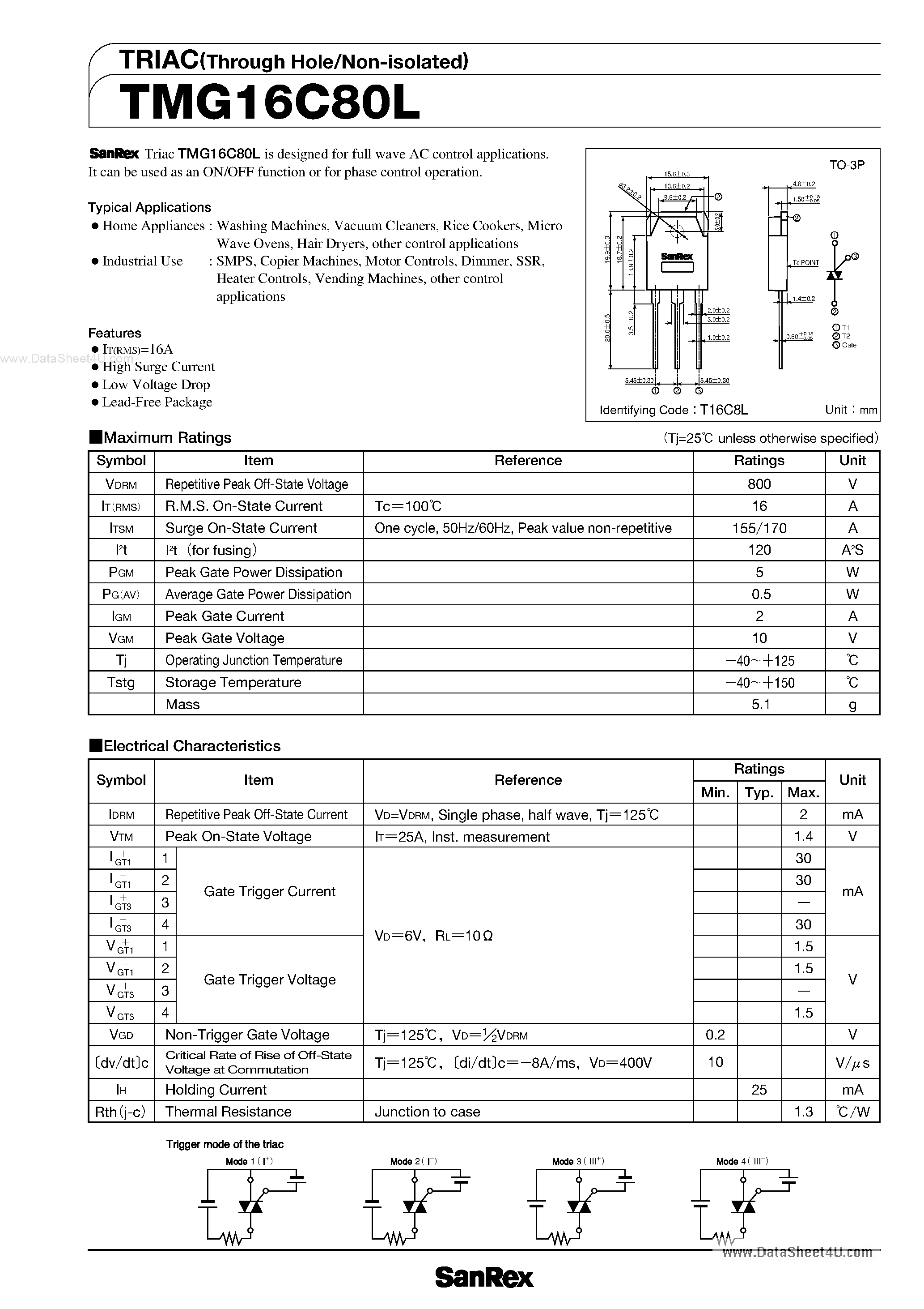 Datasheet TMG16C80L - TRIAC page 1