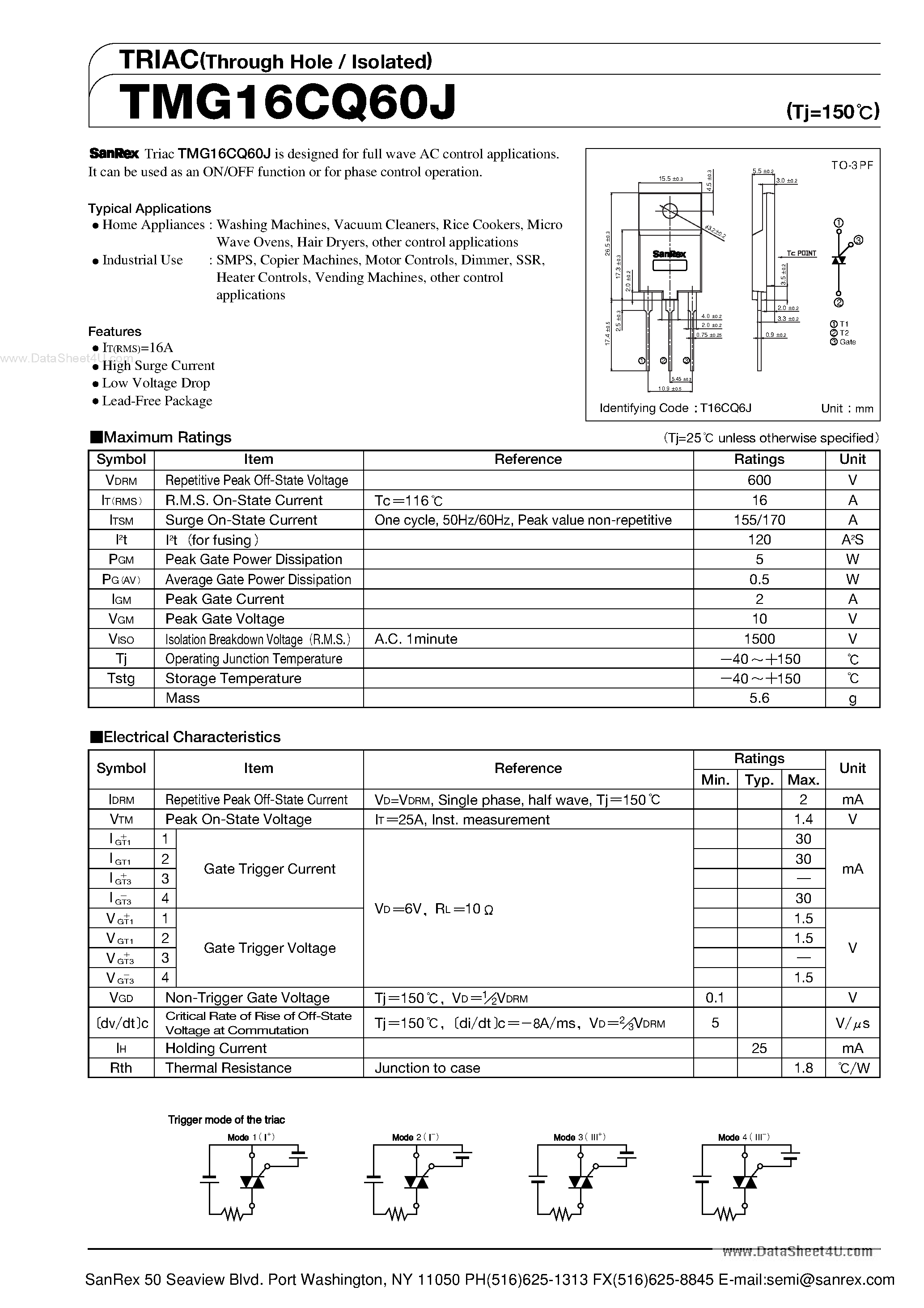 Datasheet TMG16CQ60J page 1 Datasheet TMG16CQ60J - TRIAC page 1