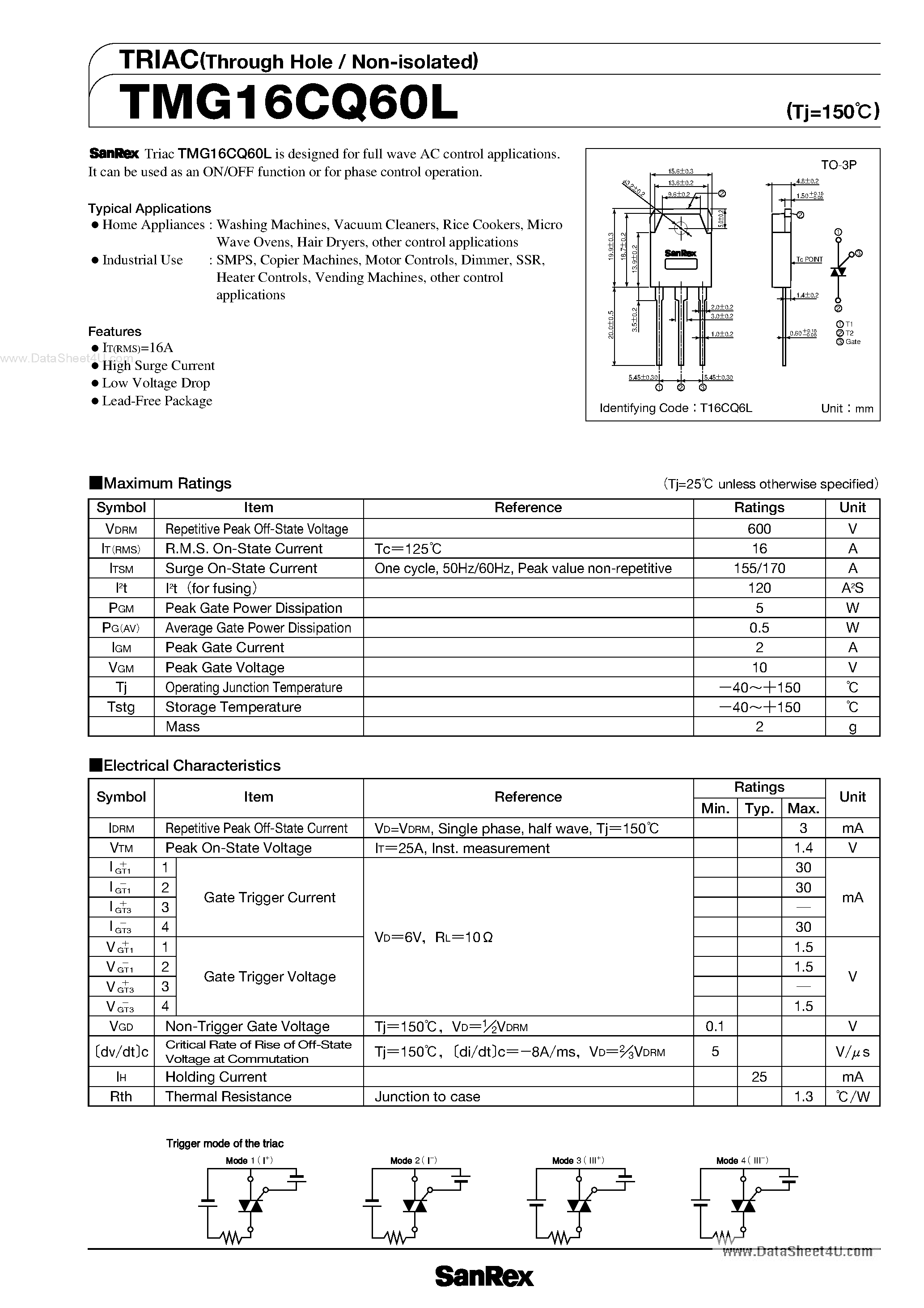 Datasheet TMG16CQ60L page 1 Datasheet TMG16CQ60L - TRIAC page 1