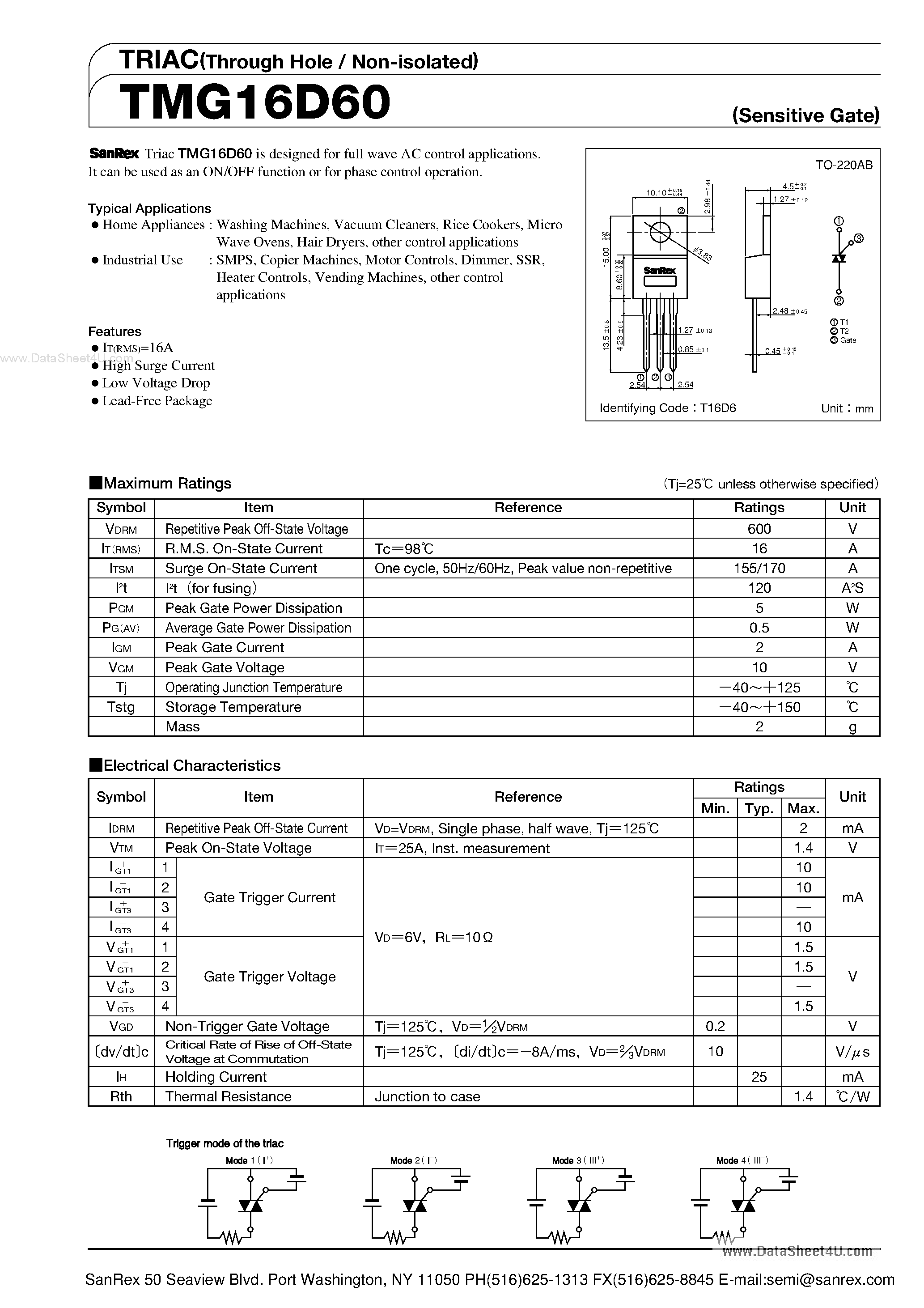 Datasheet TMG16D60 - TRIAC page 1