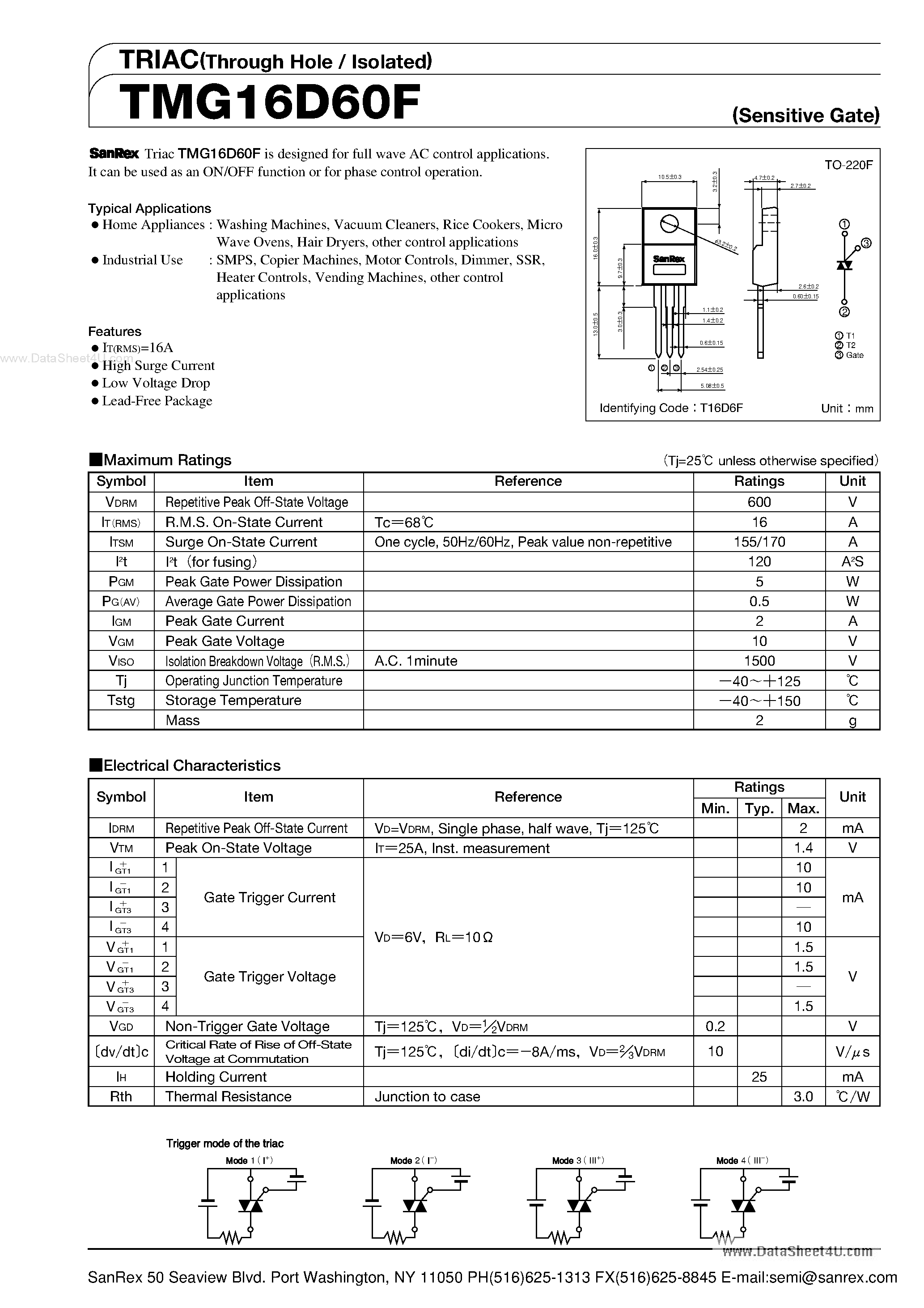 Datasheet TMG16D60F - TRIAC page 1