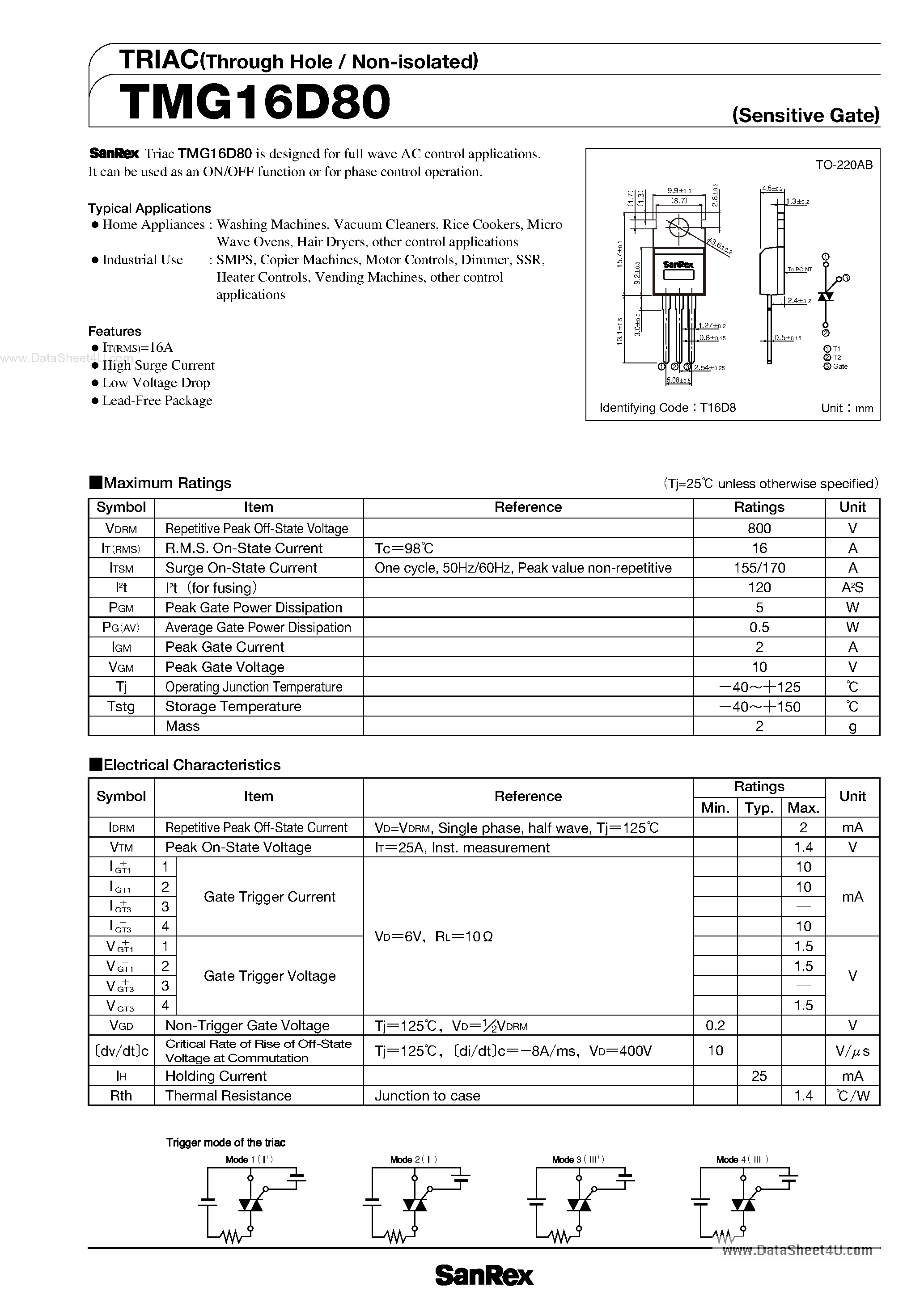 Datasheet TMG16D80 - TRIAC page 1