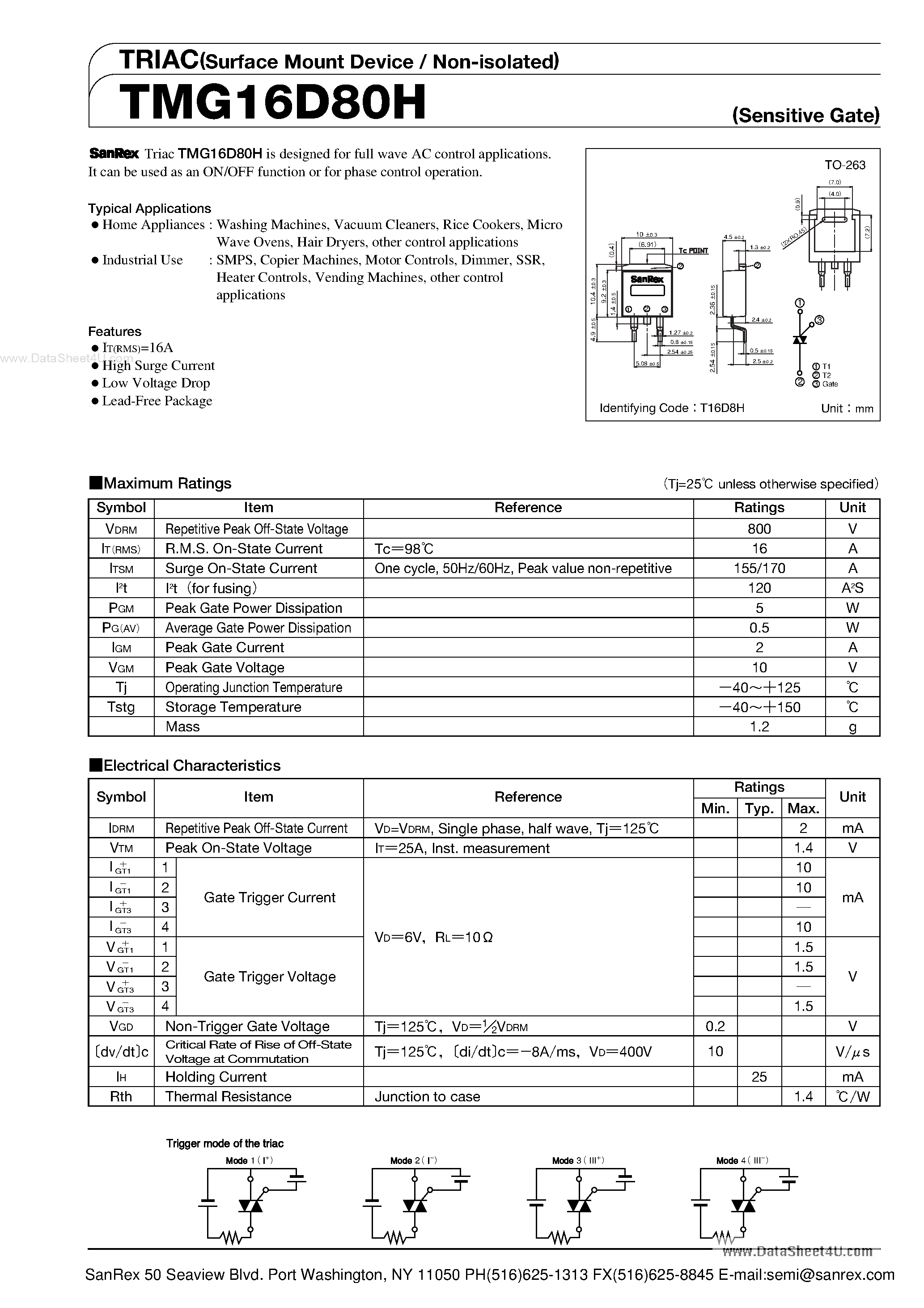 Datasheet TMG16D80H - TRIAC page 1