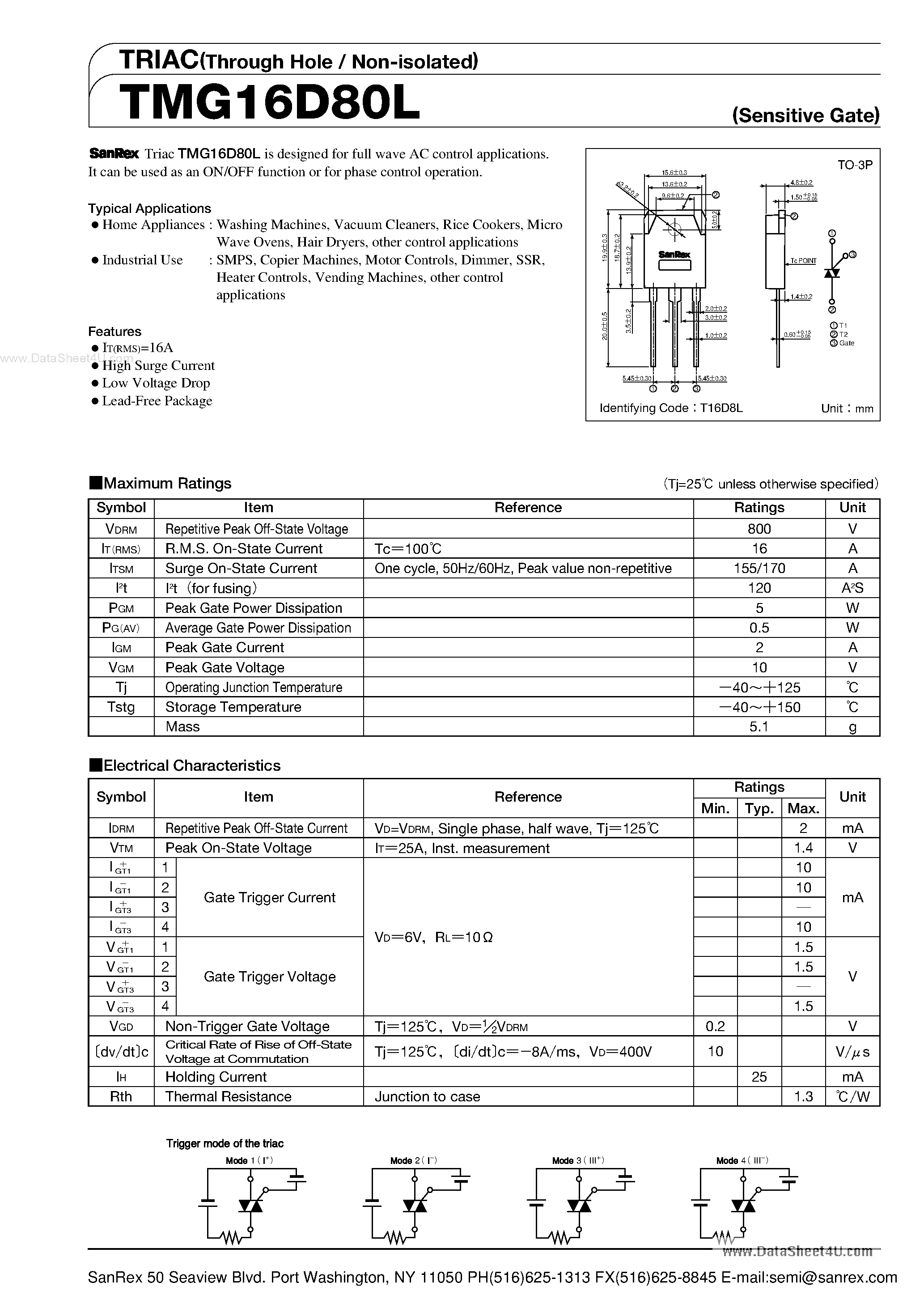 Datasheet TMG16D80L - TRIAC page 1