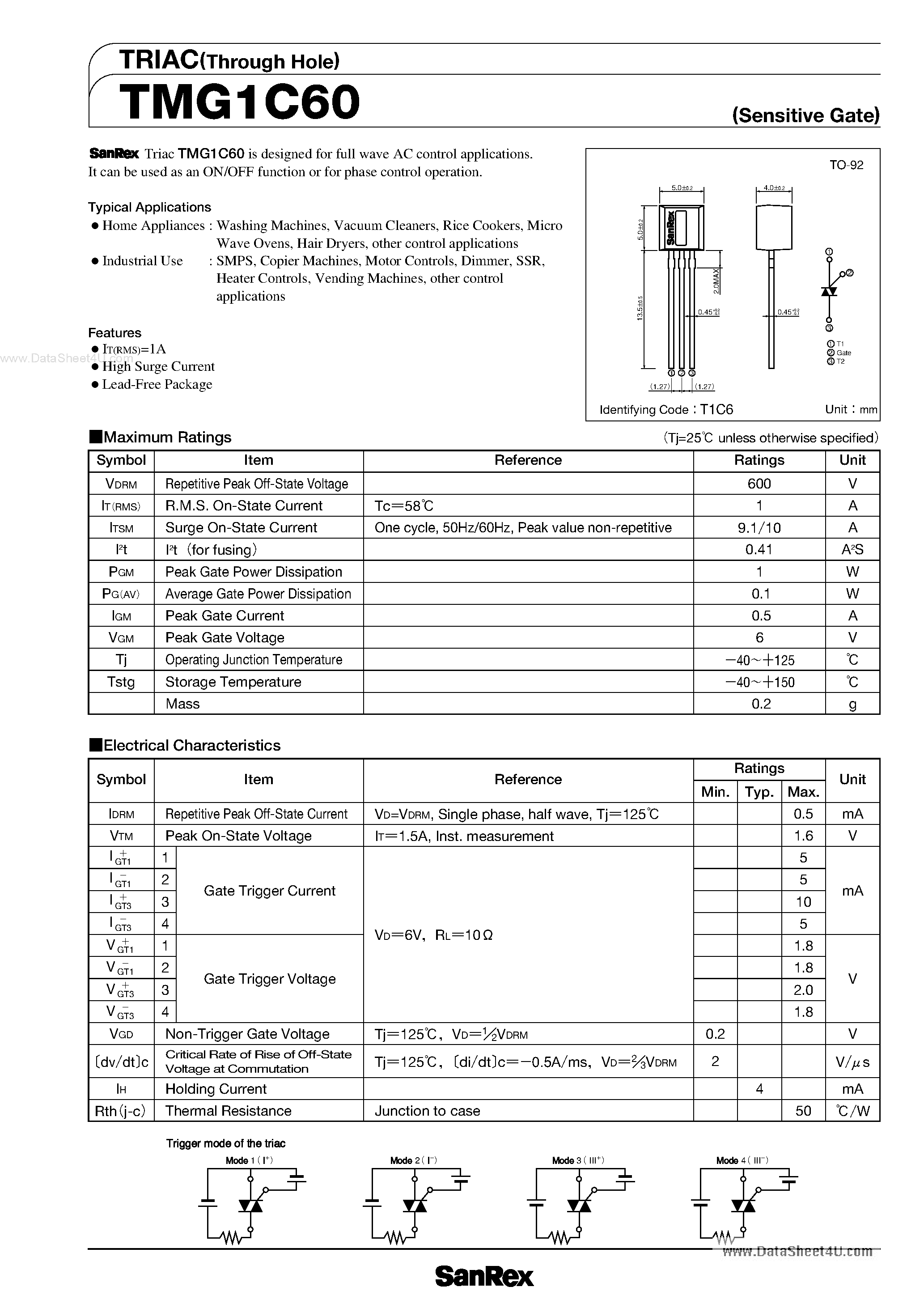 Datasheet TMG1C60 - TRIAC page 1