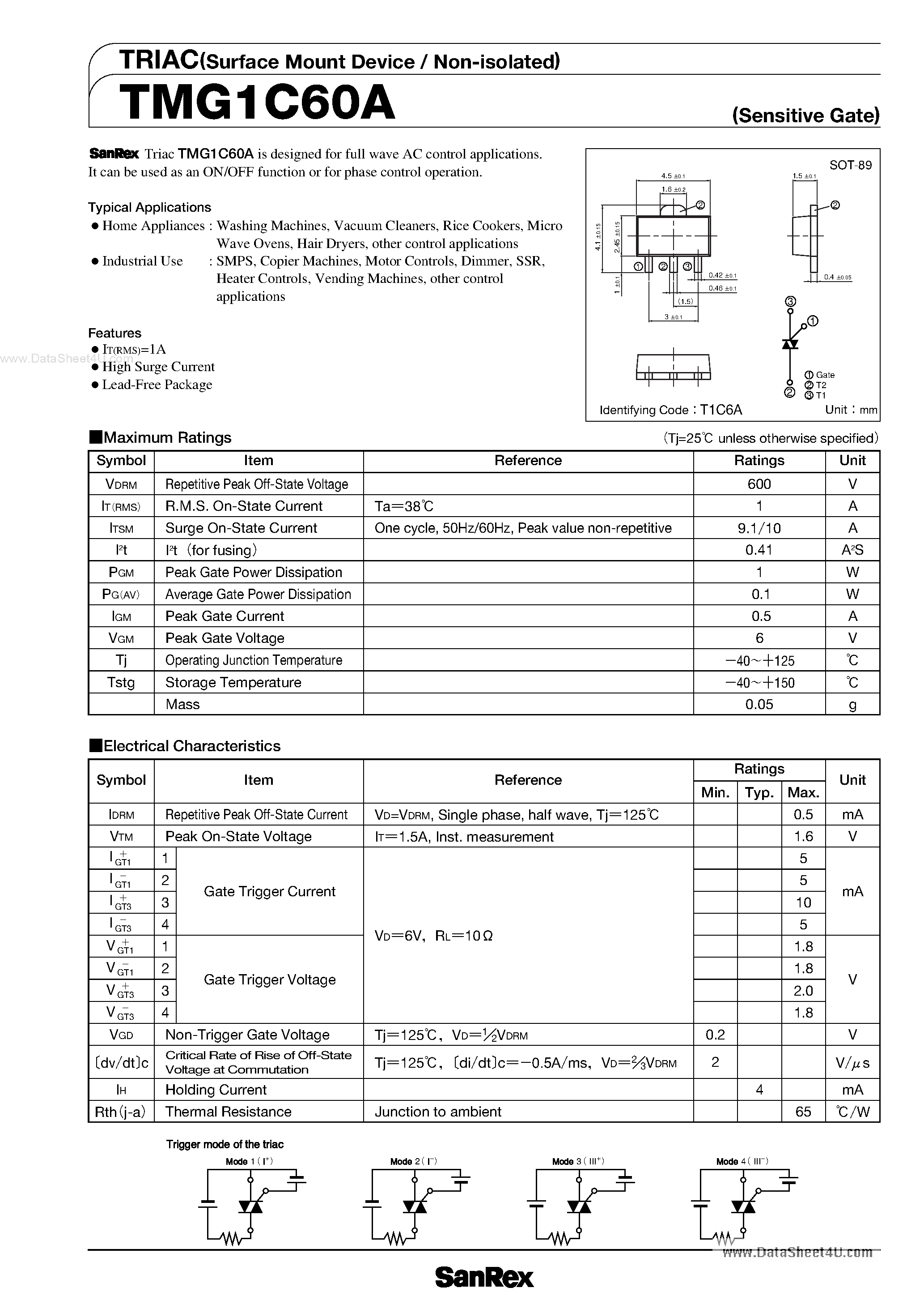 Datasheet TMG1C60A page 1 Datasheet TMG1C60A - TRIAC page 1