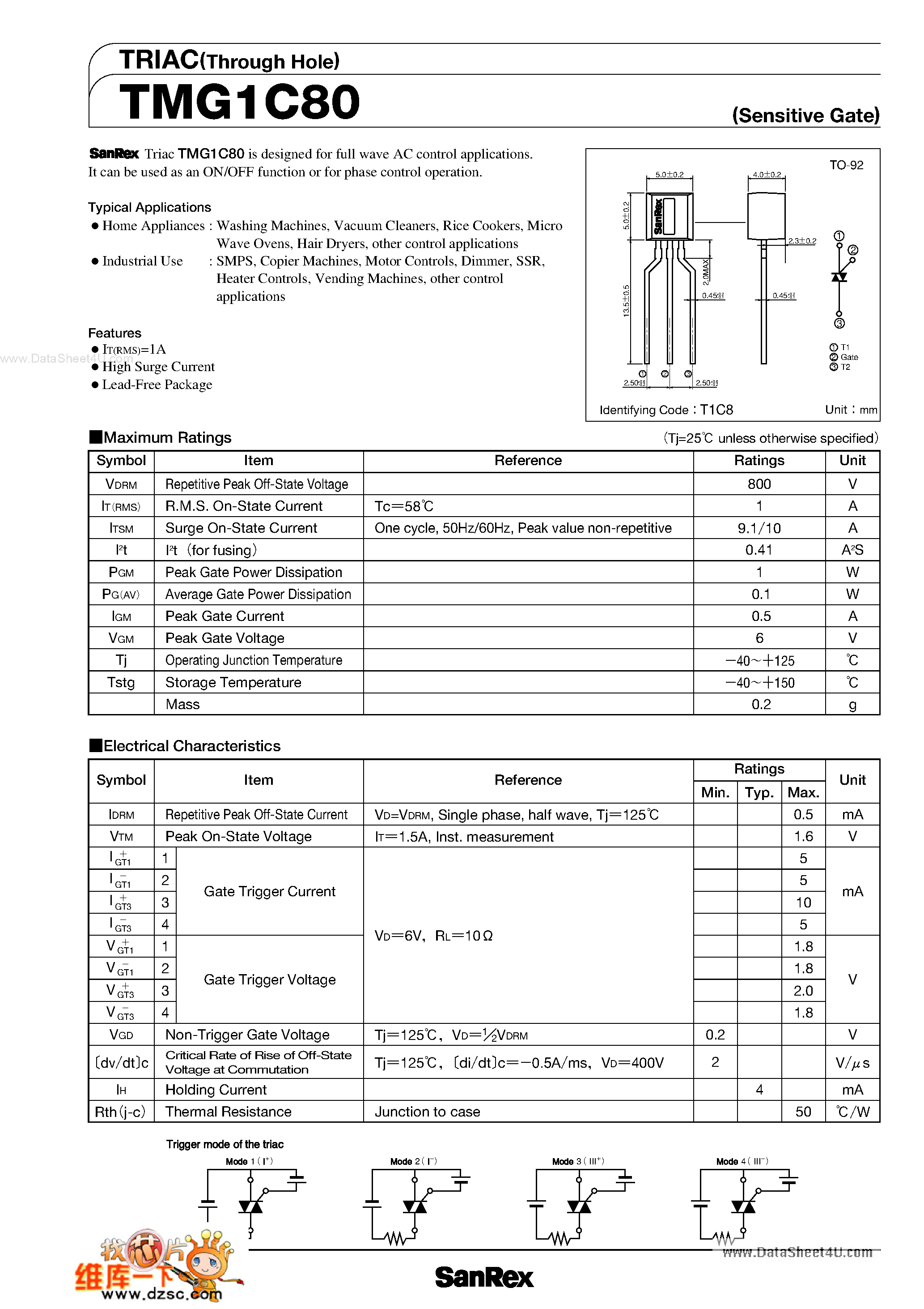 Datasheet TMG1C80 - TRIAC page 1