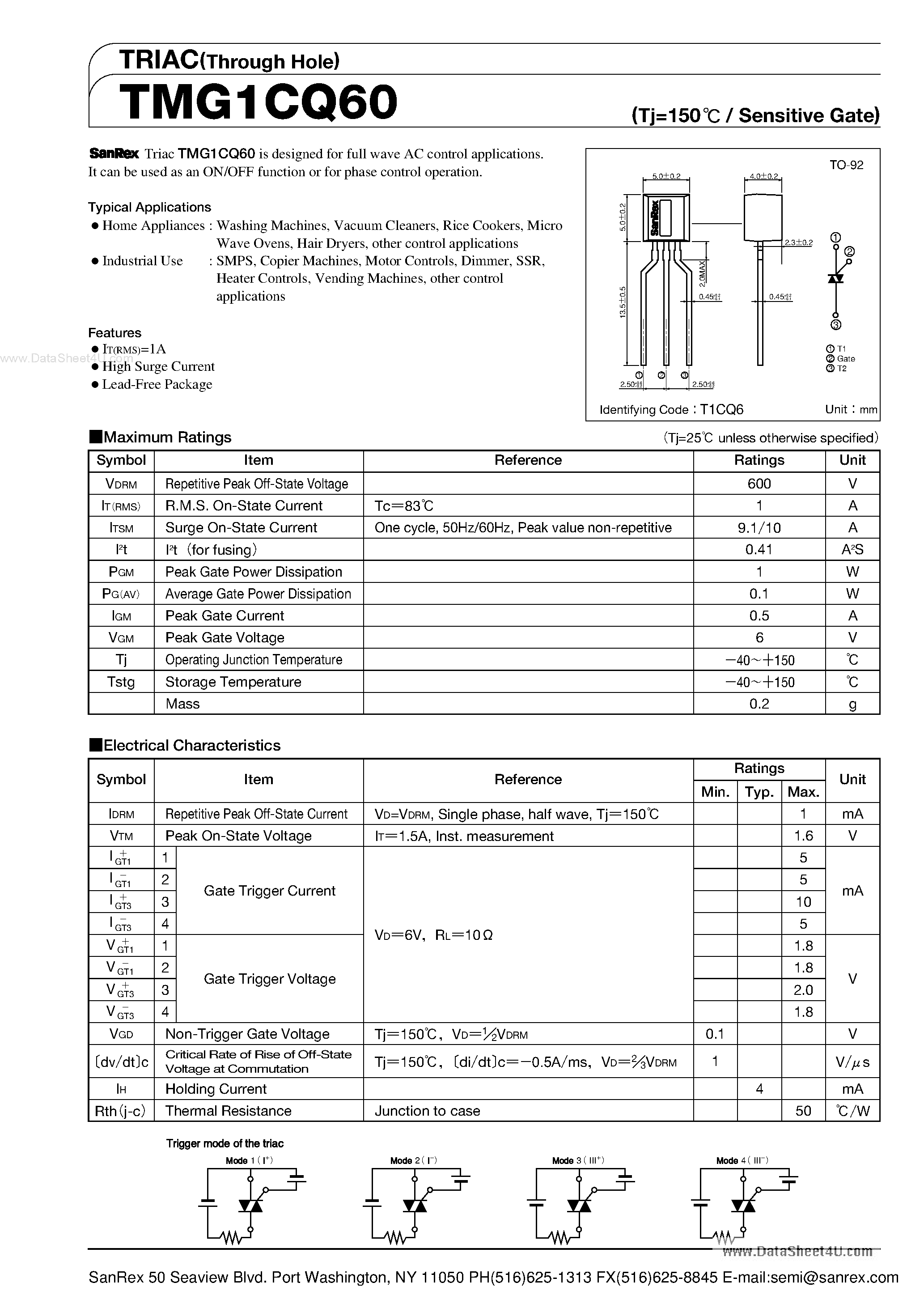 Datasheet TMG1CQ60 - TRIAC page 1
