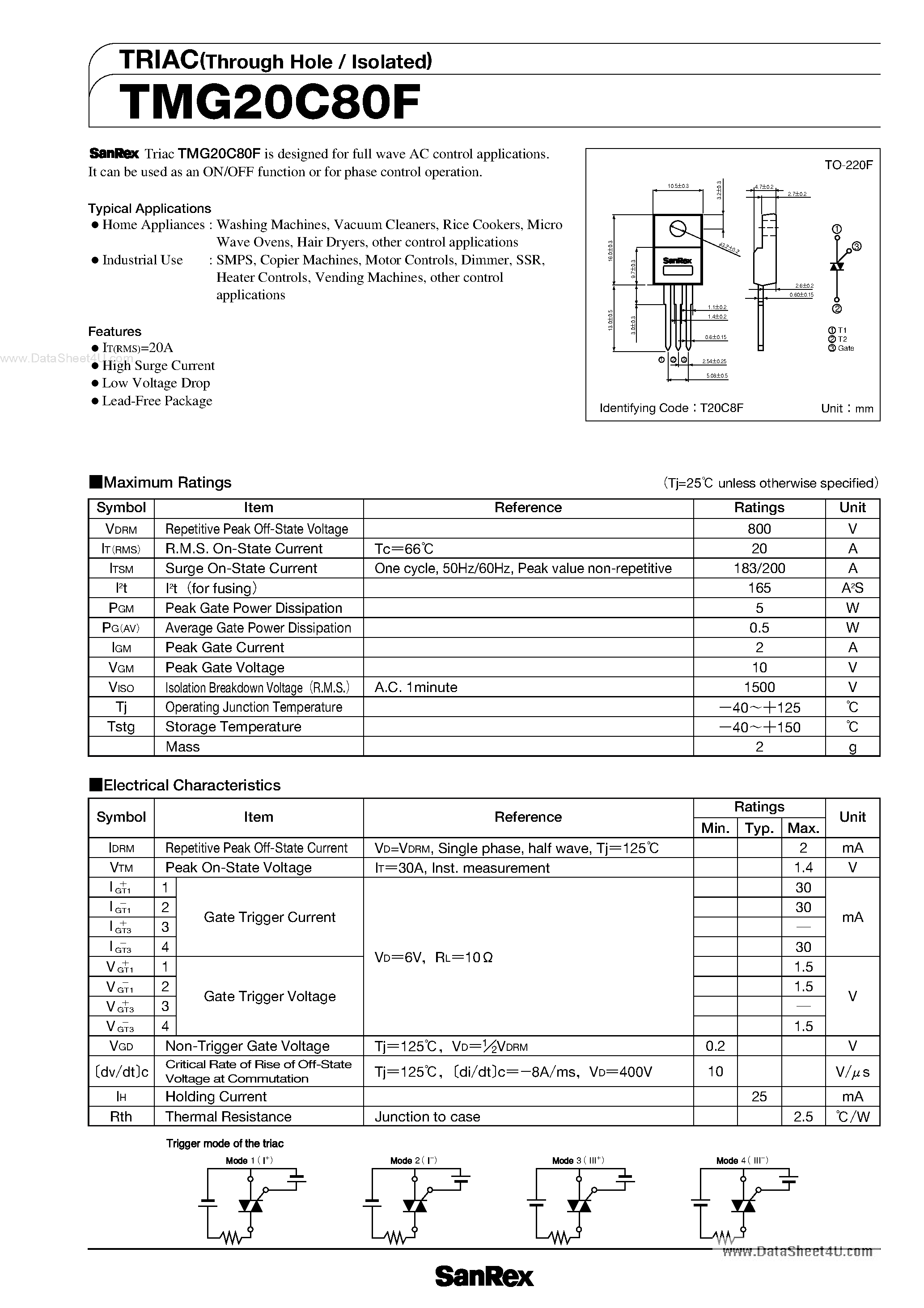 Datasheet TMG20C80F page 1 Datasheet TMG20C80F - TRIAC page 1