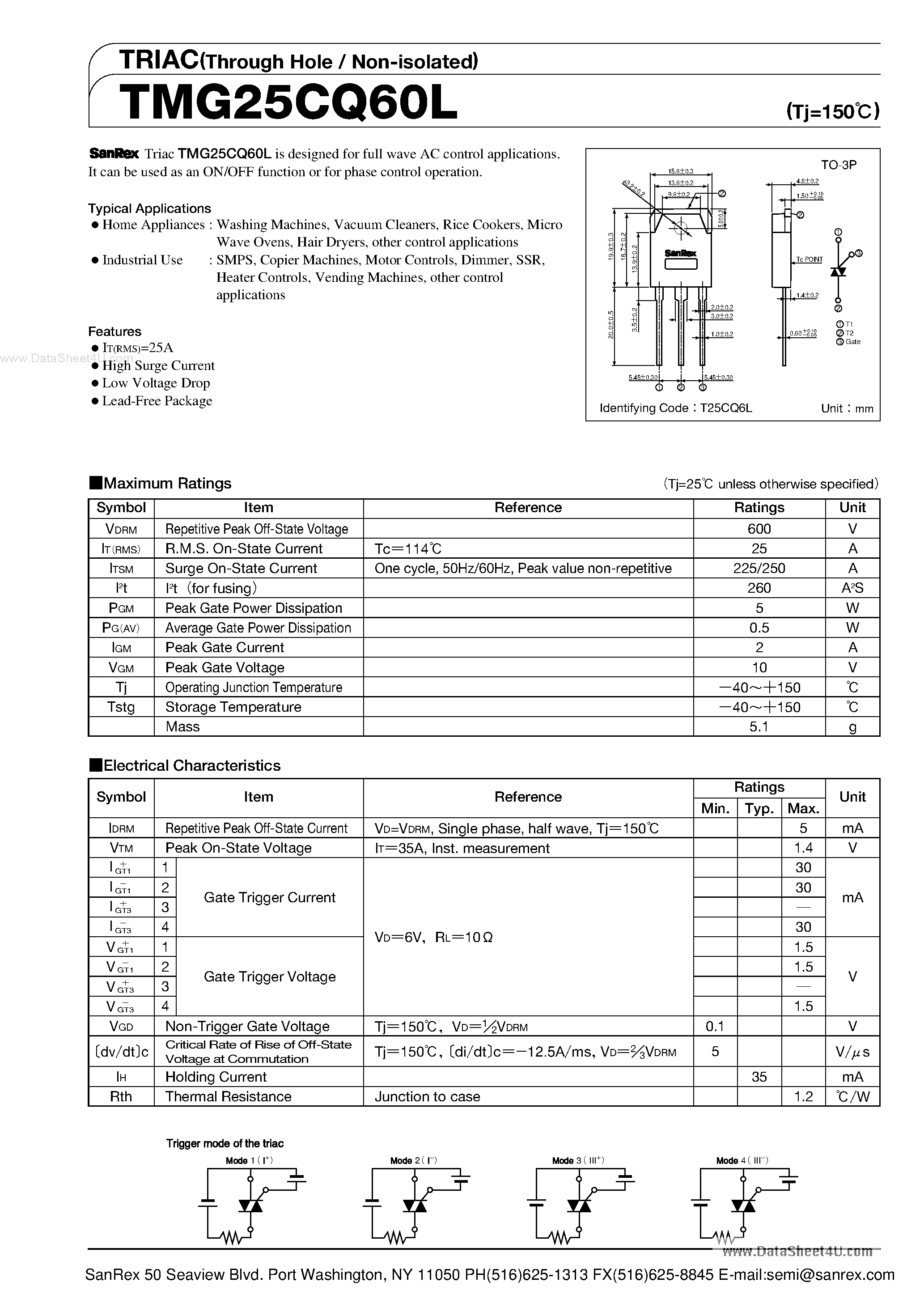 Datasheet TMG25CQ60L - TRIAC page 1