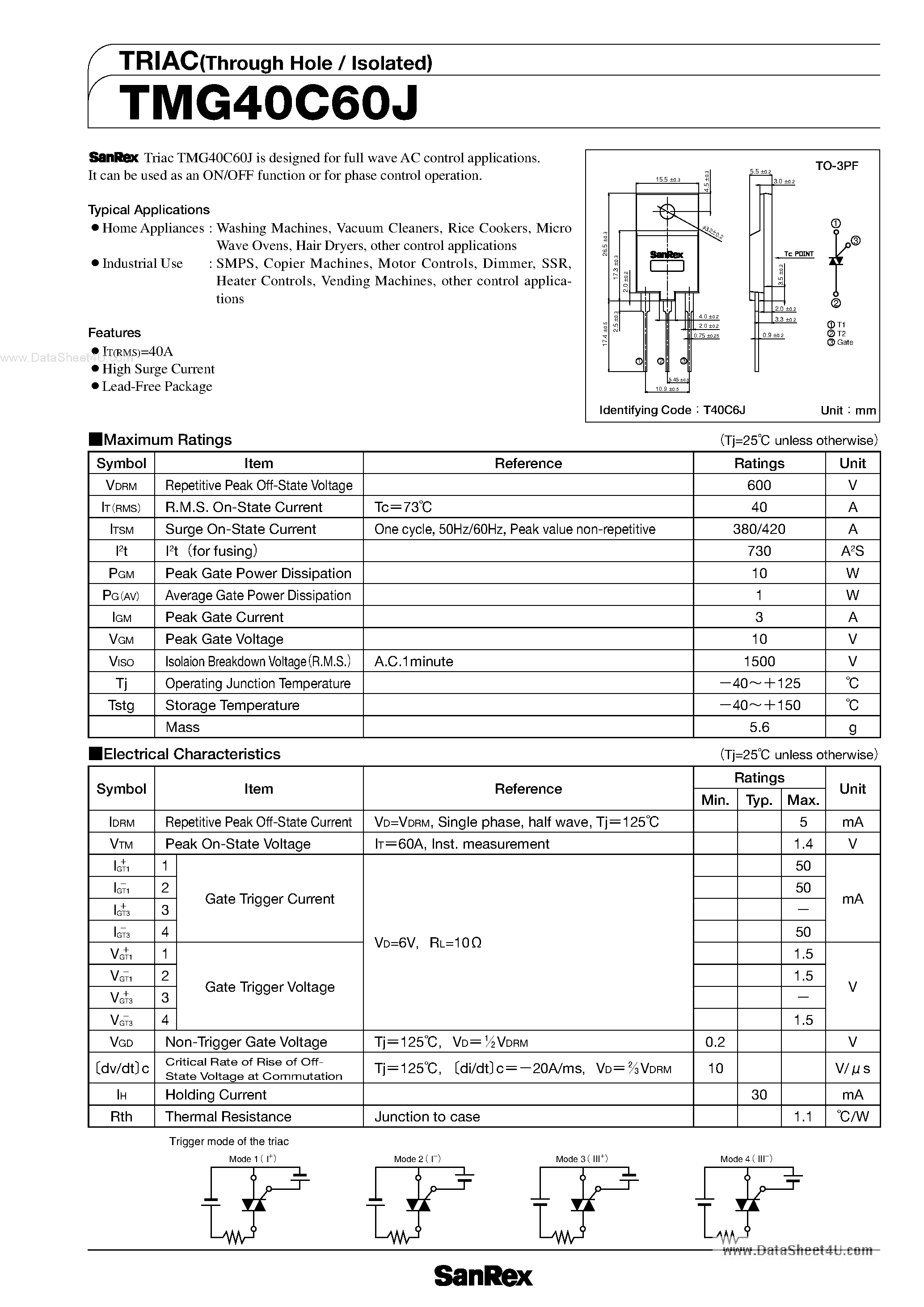 Datasheet TMG40C60J - TRIAC page 1