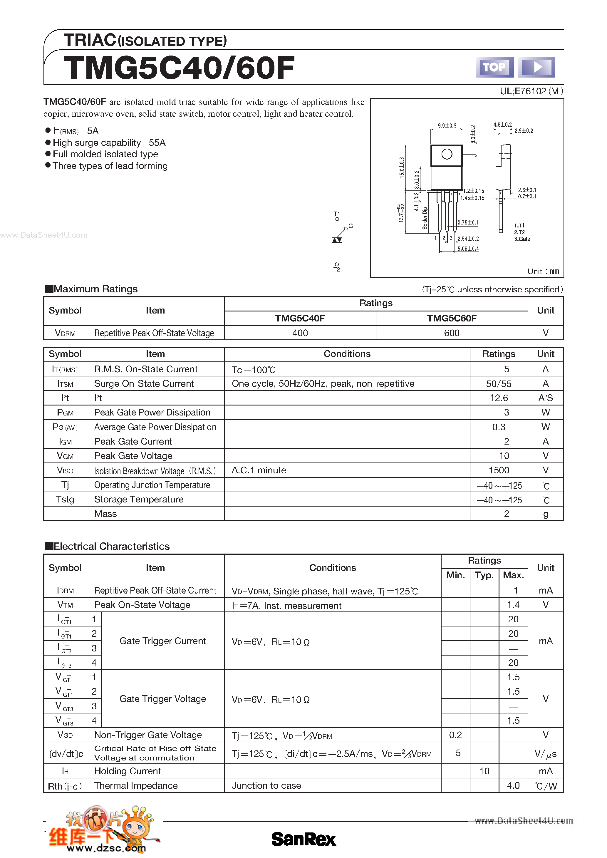 Datasheet TMG5C40 page 1 Datasheet TMG5C40 - (TMG5C40 / TMG5C60F) TRIAC page 1