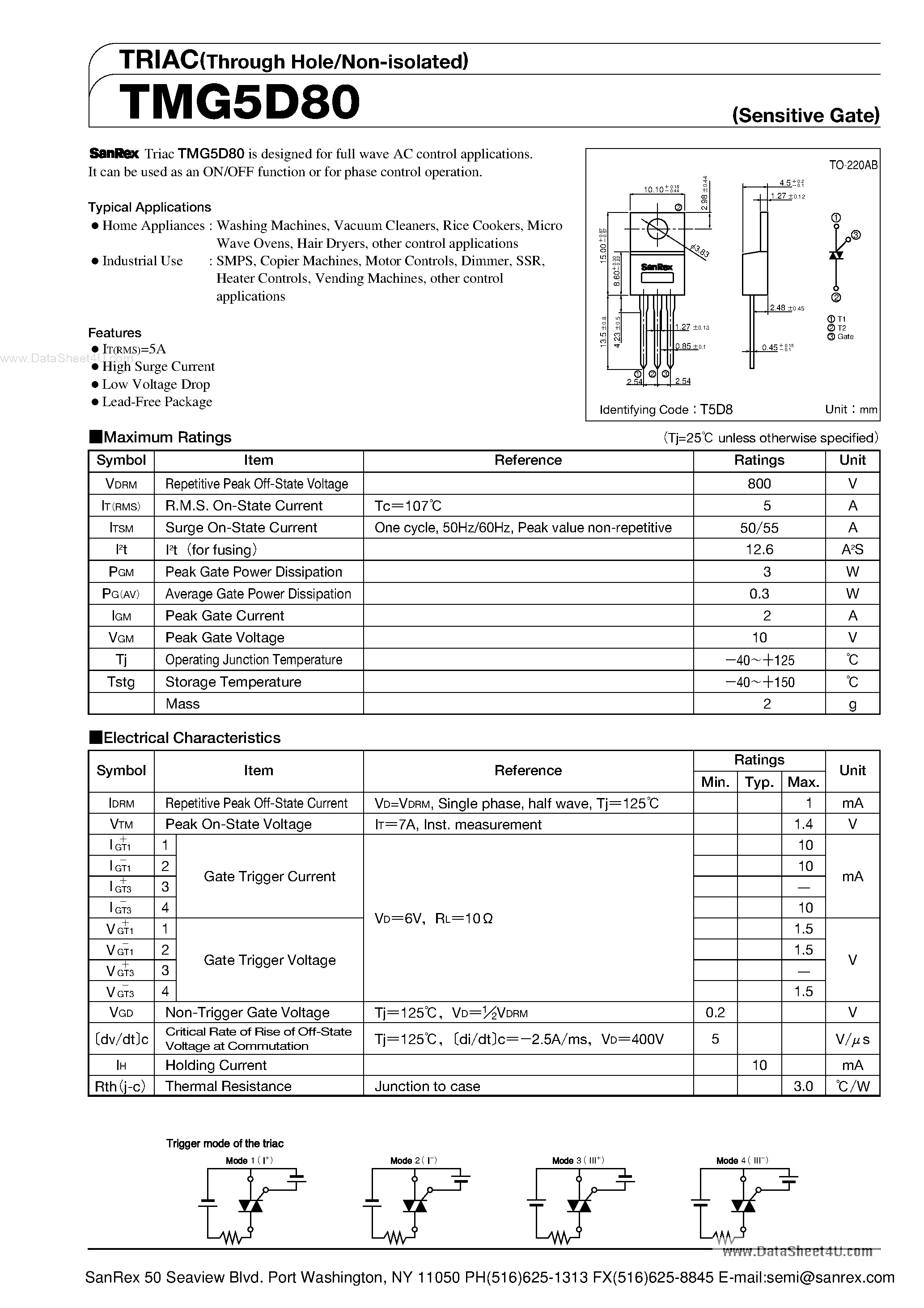Datasheet TMG5D80 - TRIAC page 1