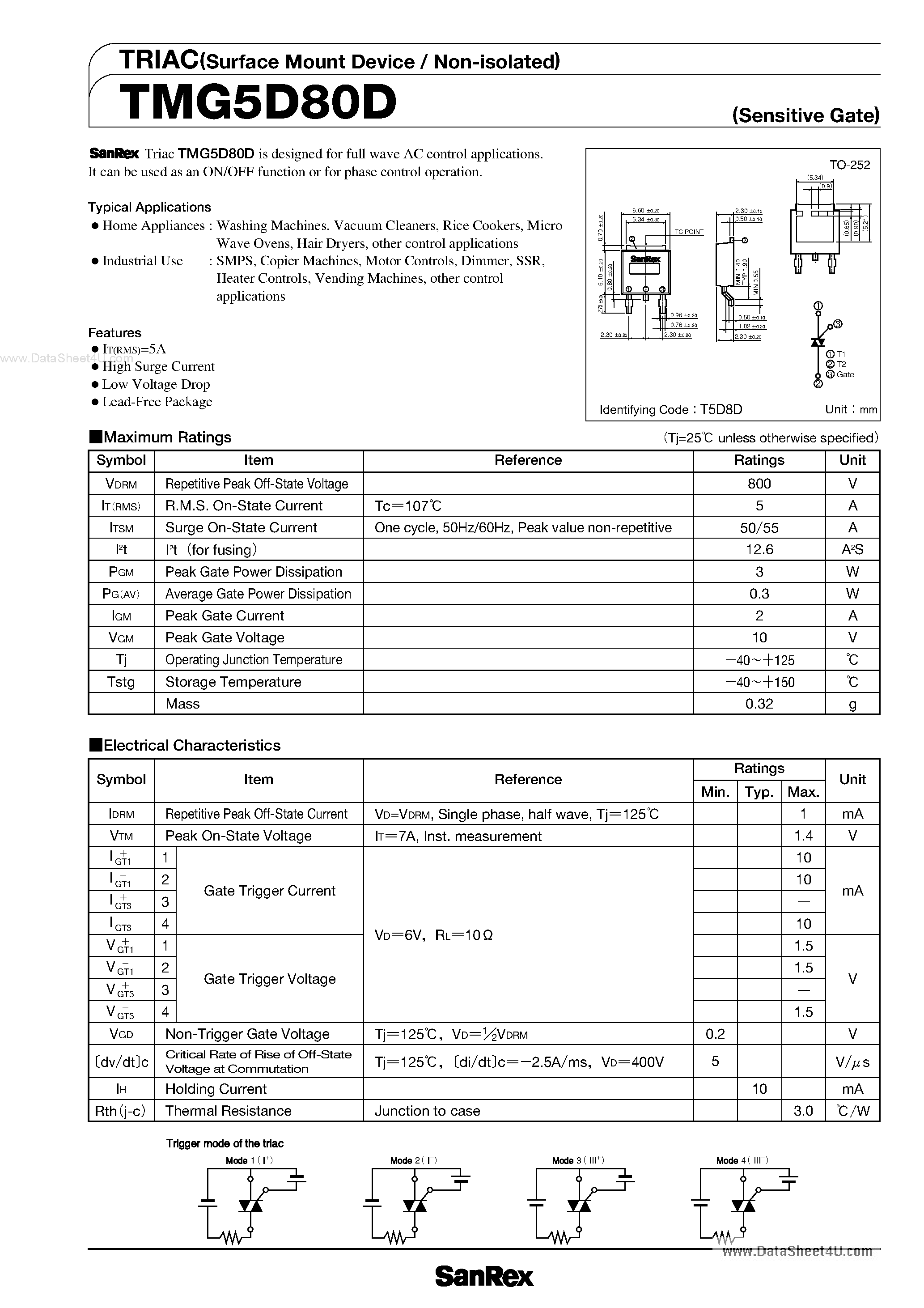 Datasheet TMG5D80D page 1 Datasheet TMG5D80D - TRIAC page 1