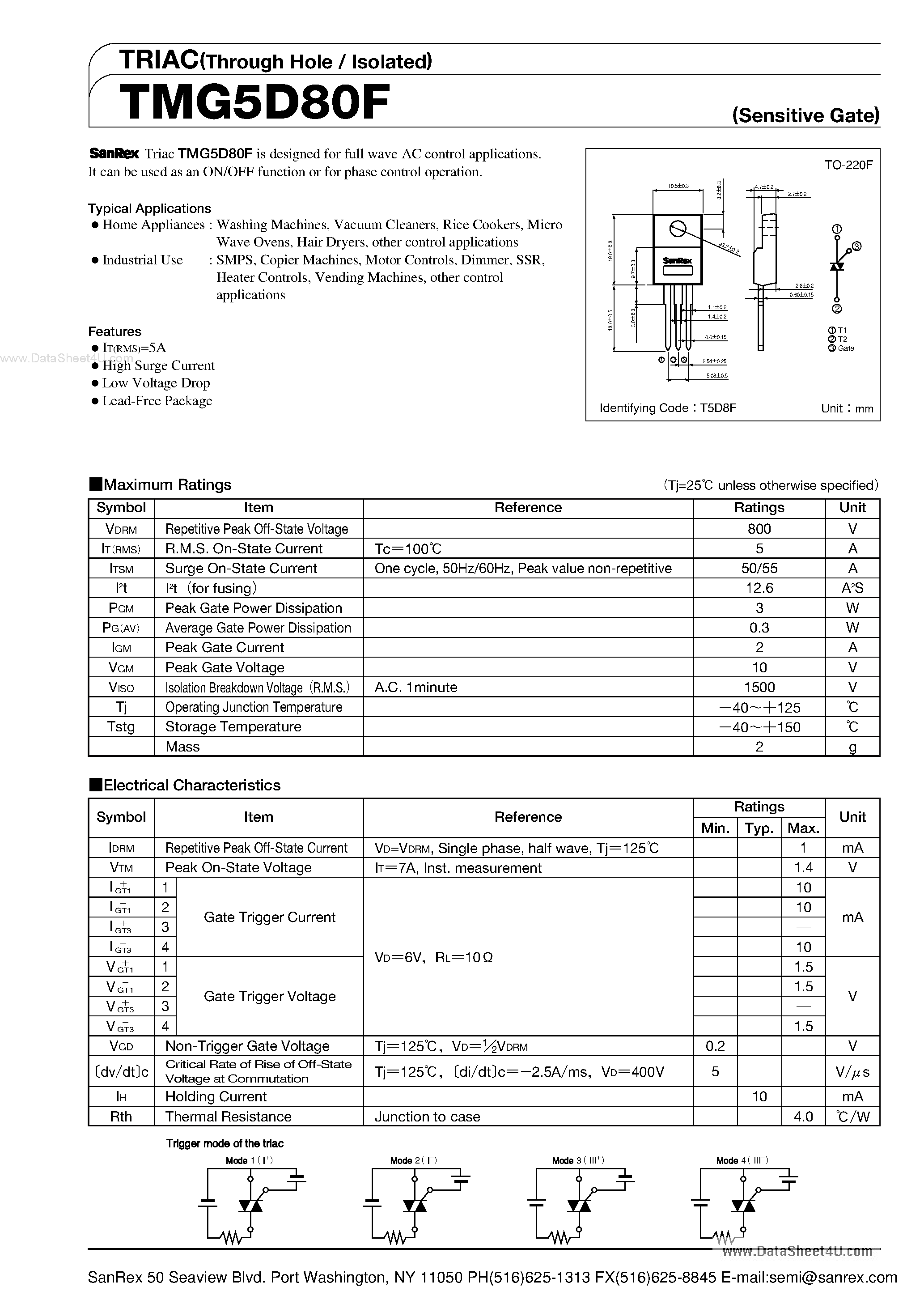 Datasheet TMG5D80F - TRIAC page 1