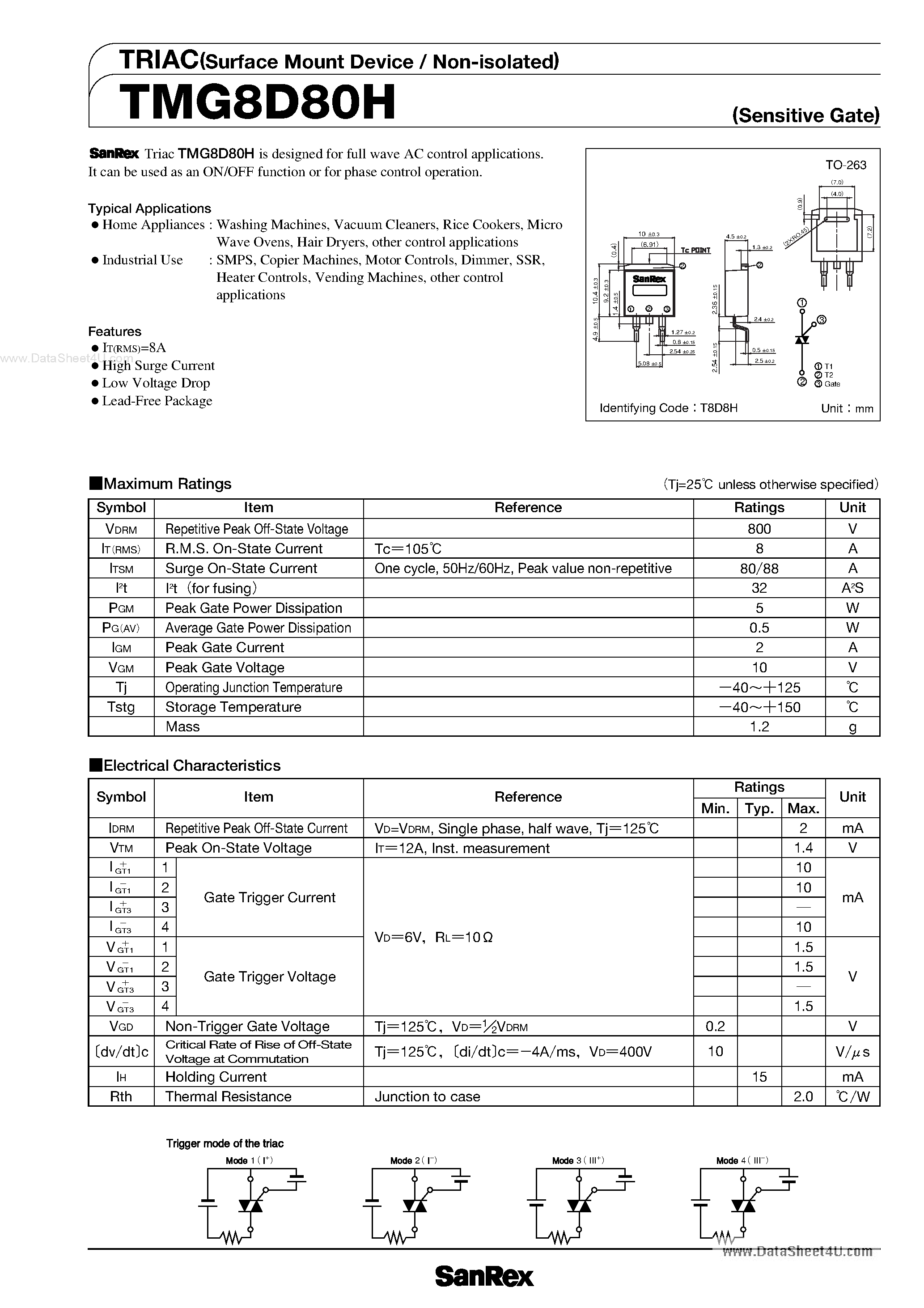 Datasheet TMG8D80H - TRIAC page 1