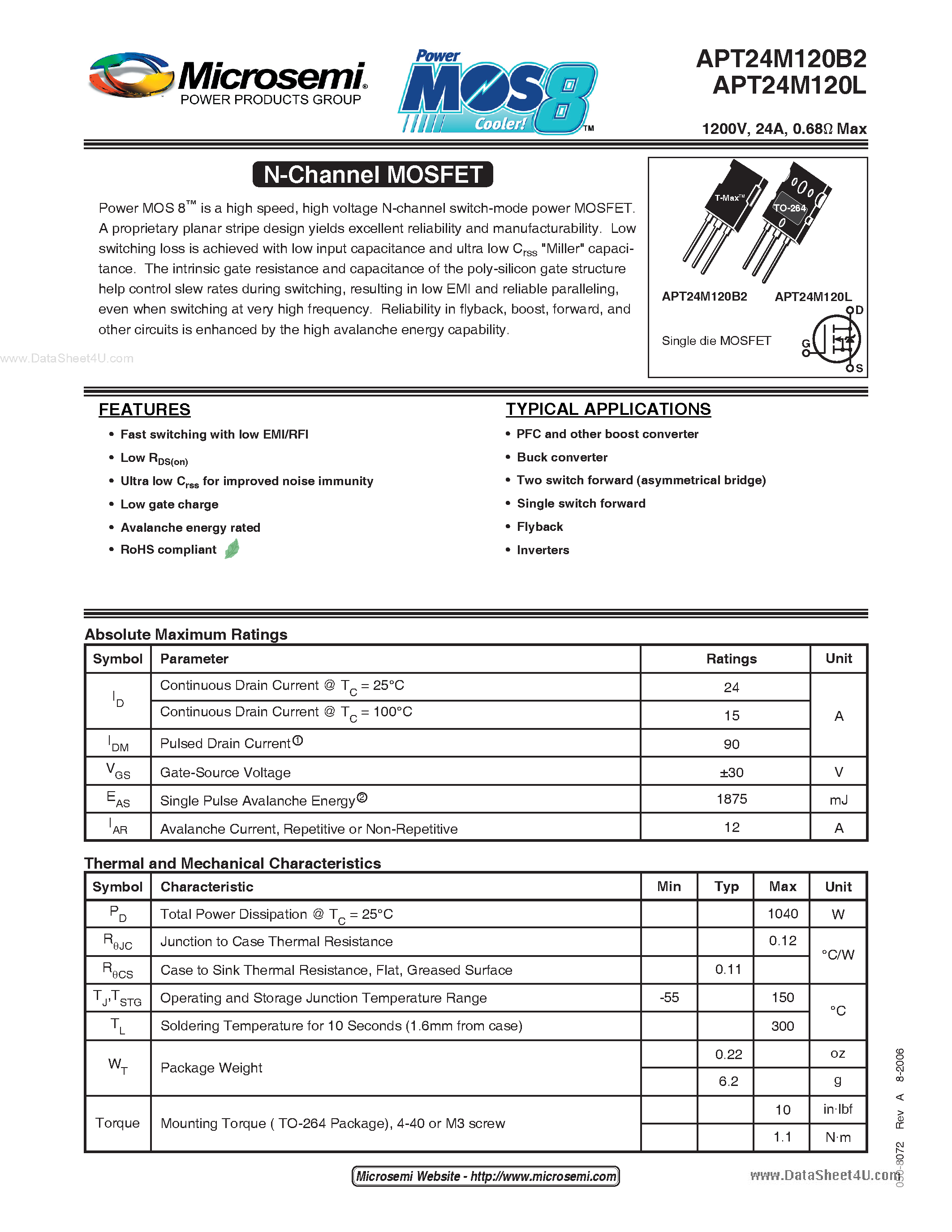 Datasheet APT24M120B2 - N-Channel MOSFET page 1