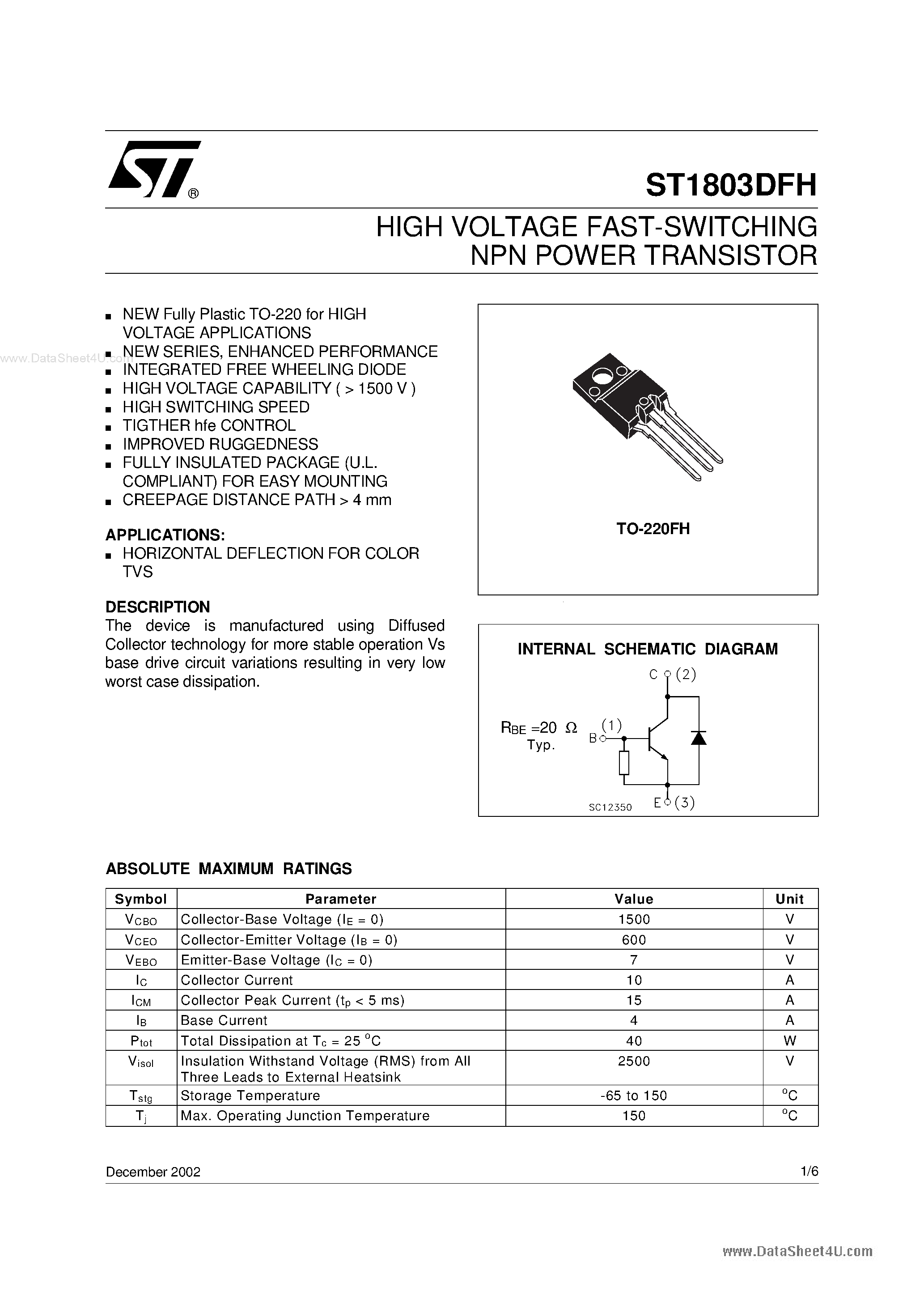 Datasheet 1803DFH page 1 Datasheet 1803DFH - Search -----> ST1803DFH page 1