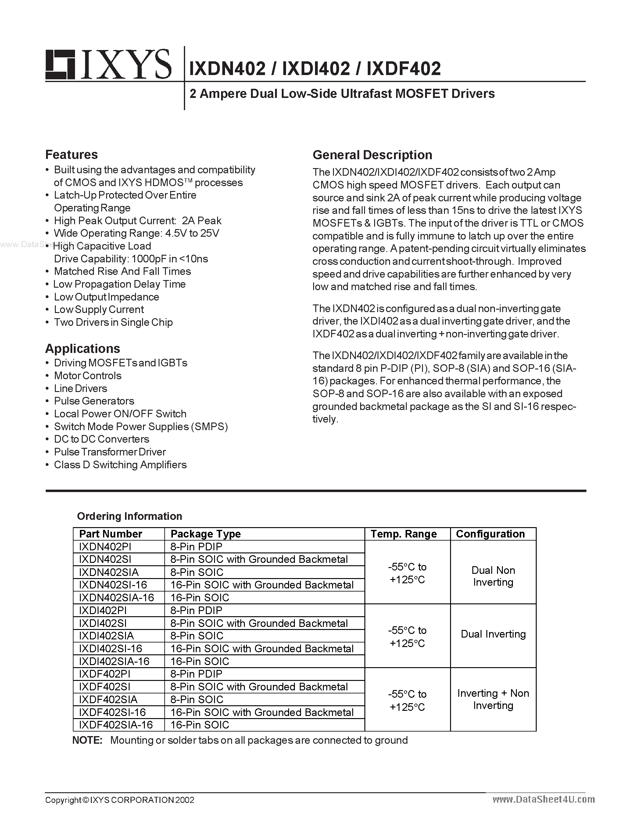 Datasheet IXDI402 page 1 Datasheet IXDI402 - (IXDx402) 2 Ampere Dual Low-Side Ultrafast MOSFET Drivers page 1
