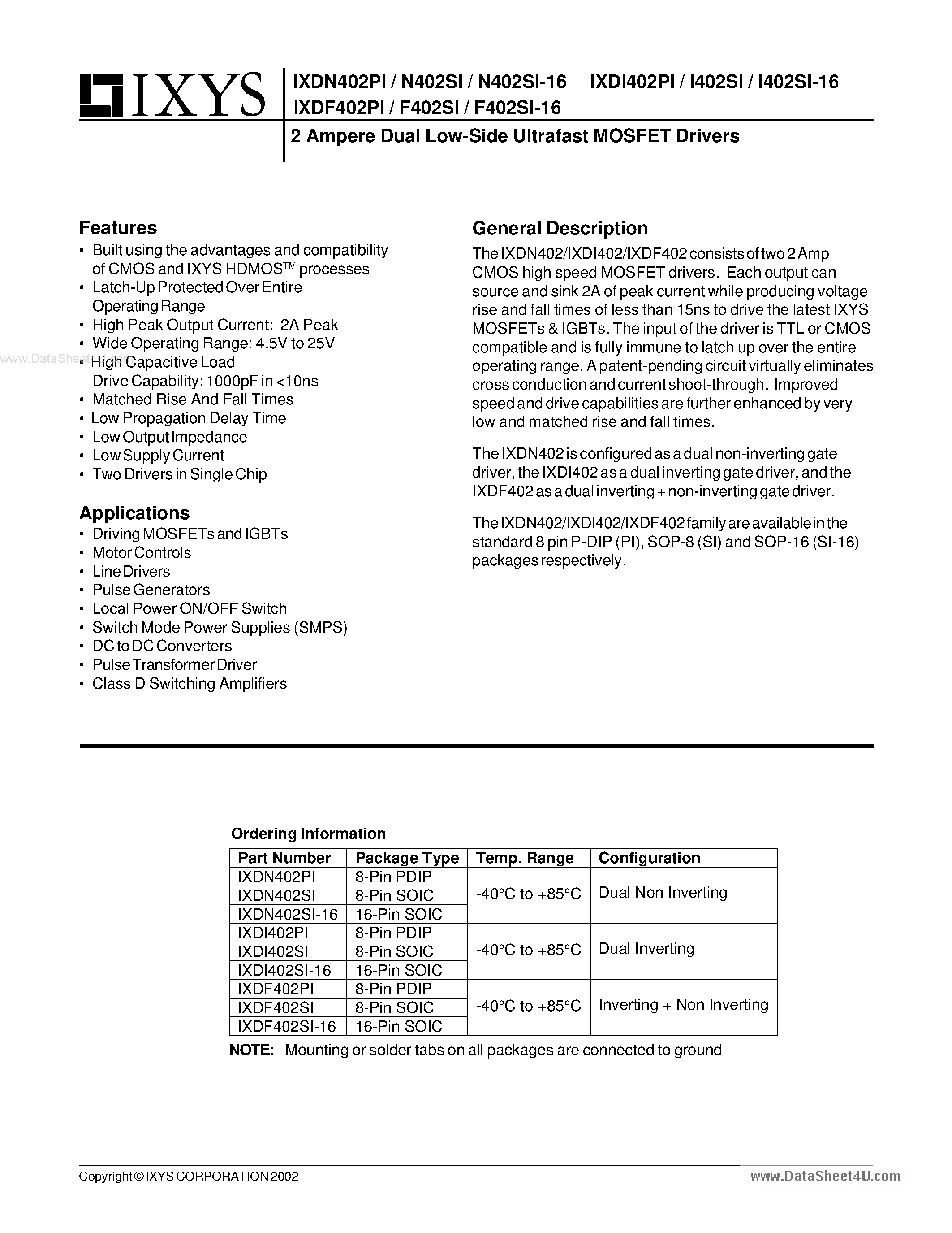 Datasheet IXDI402PI - (IXDx402xI) 2 Ampere Dual Low-Side Ultrafast MOSFET Drivers page 1