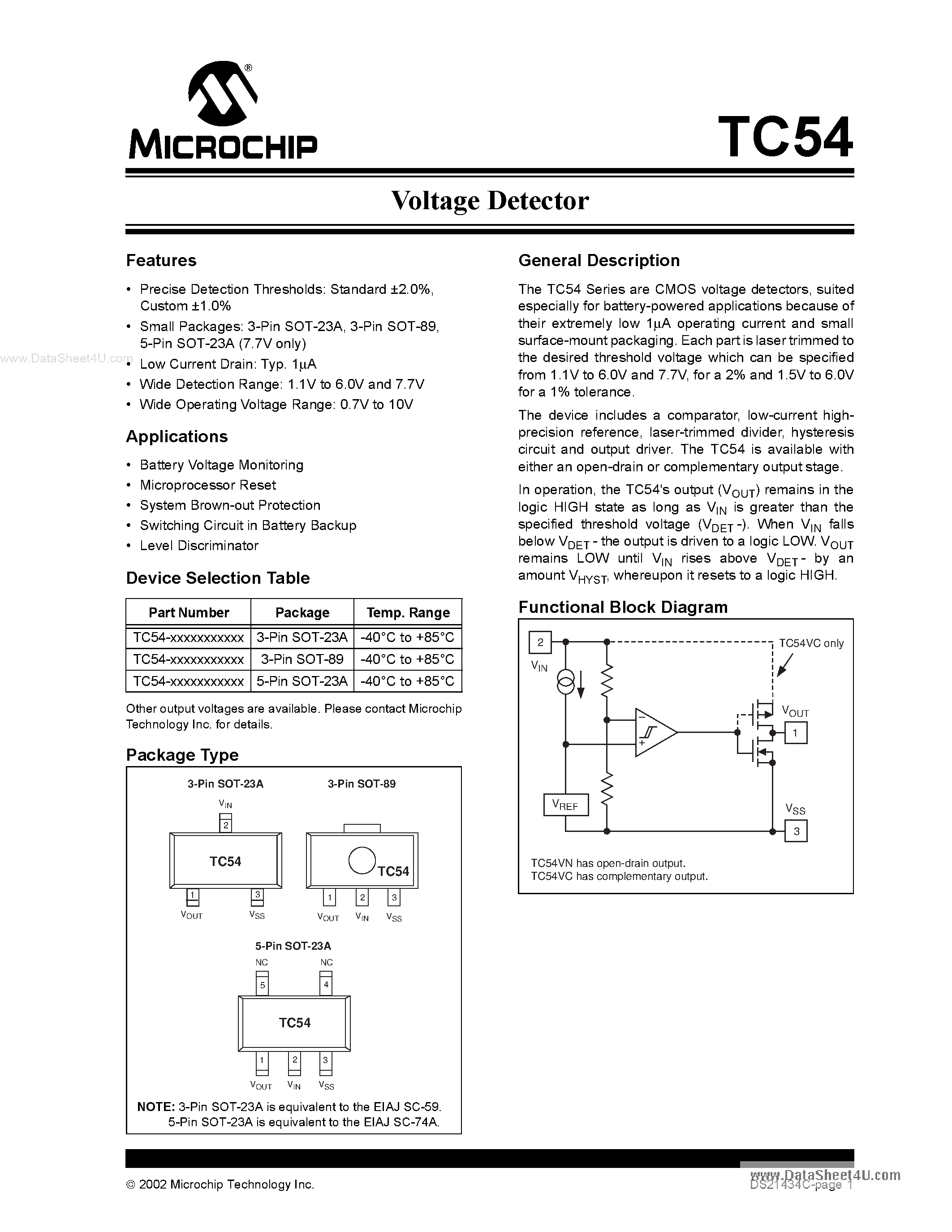 Даташит TC54VCxxxx - Voltage Detector страница 1