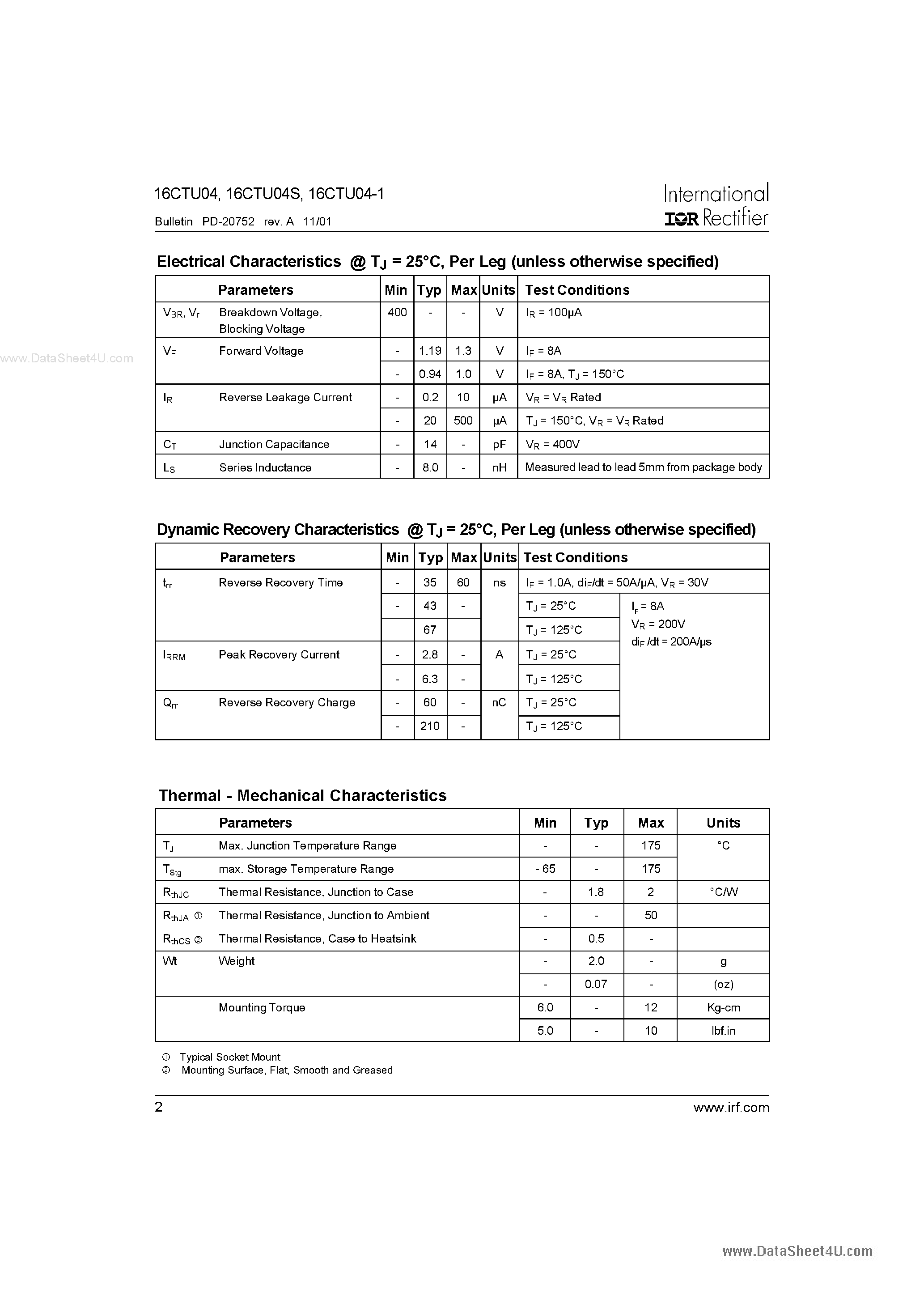 Datasheet 16CTU04 - Ultrafast Rectifier page 2