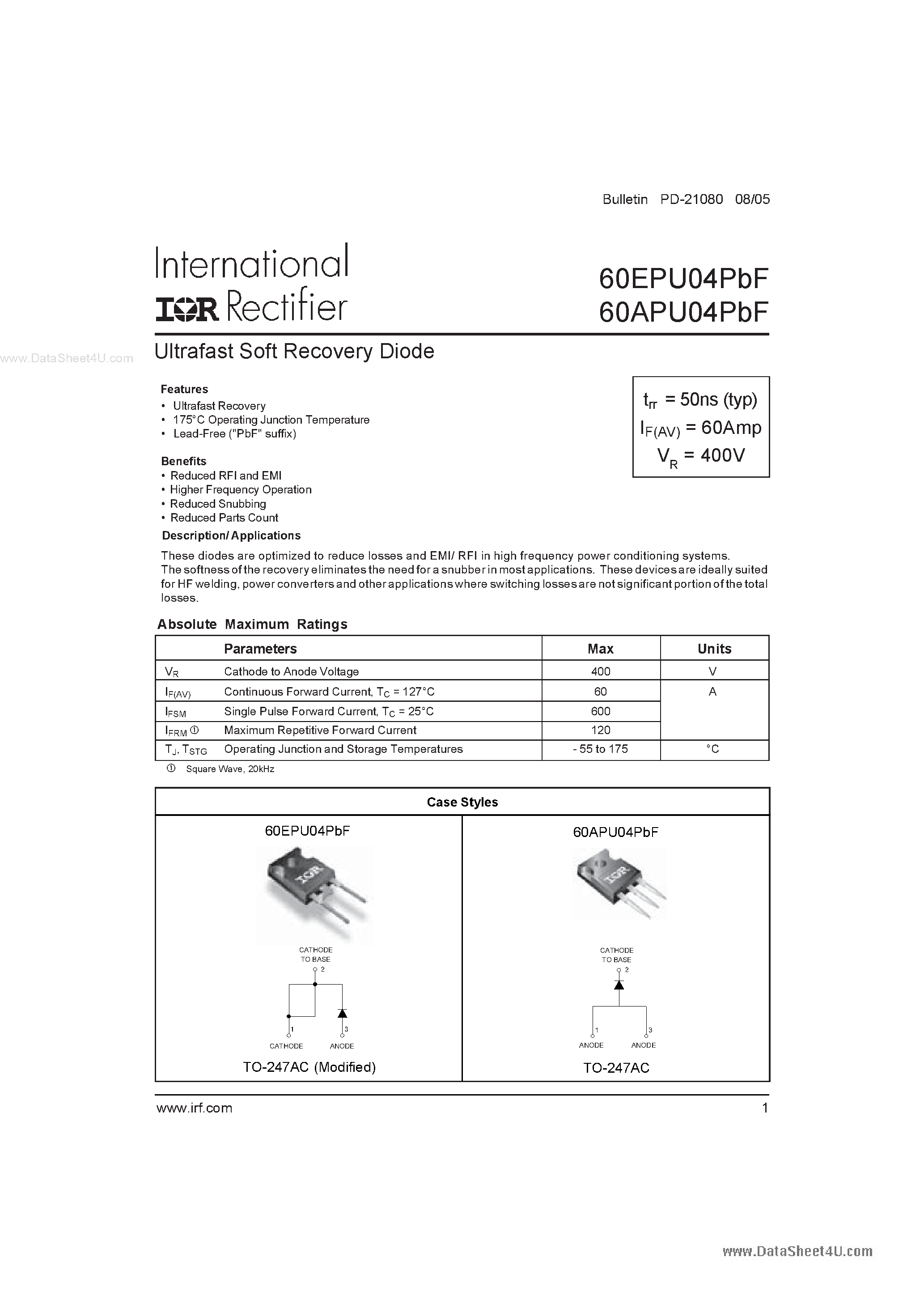 Datasheet 60EPU04PBF page 1 Datasheet 60EPU04PBF - Ultrafast Soft Recovery Diode page 1