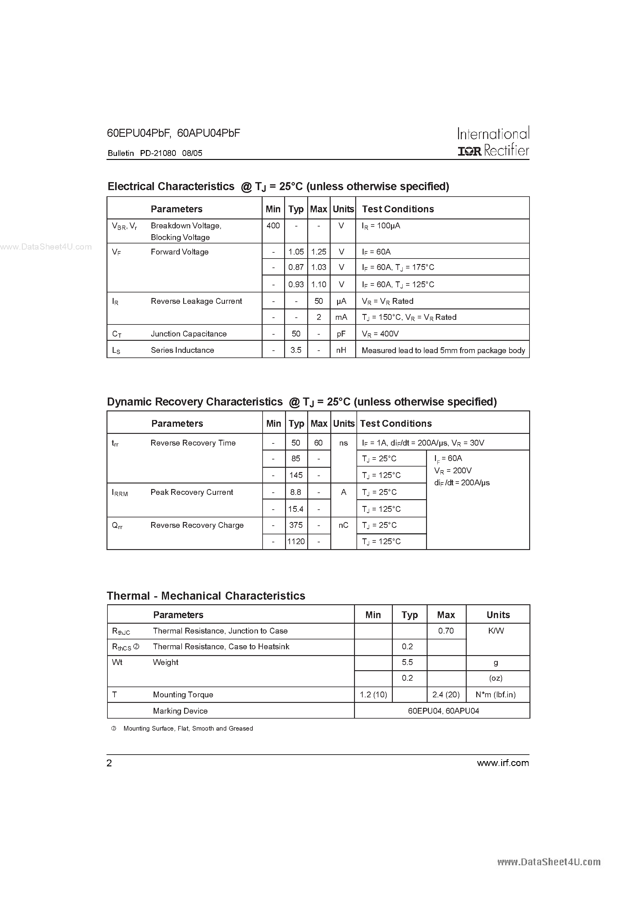 Datasheet 60EPU04PBF page 2 Datasheet 60EPU04PBF - Ultrafast Soft Recovery Diode page 2