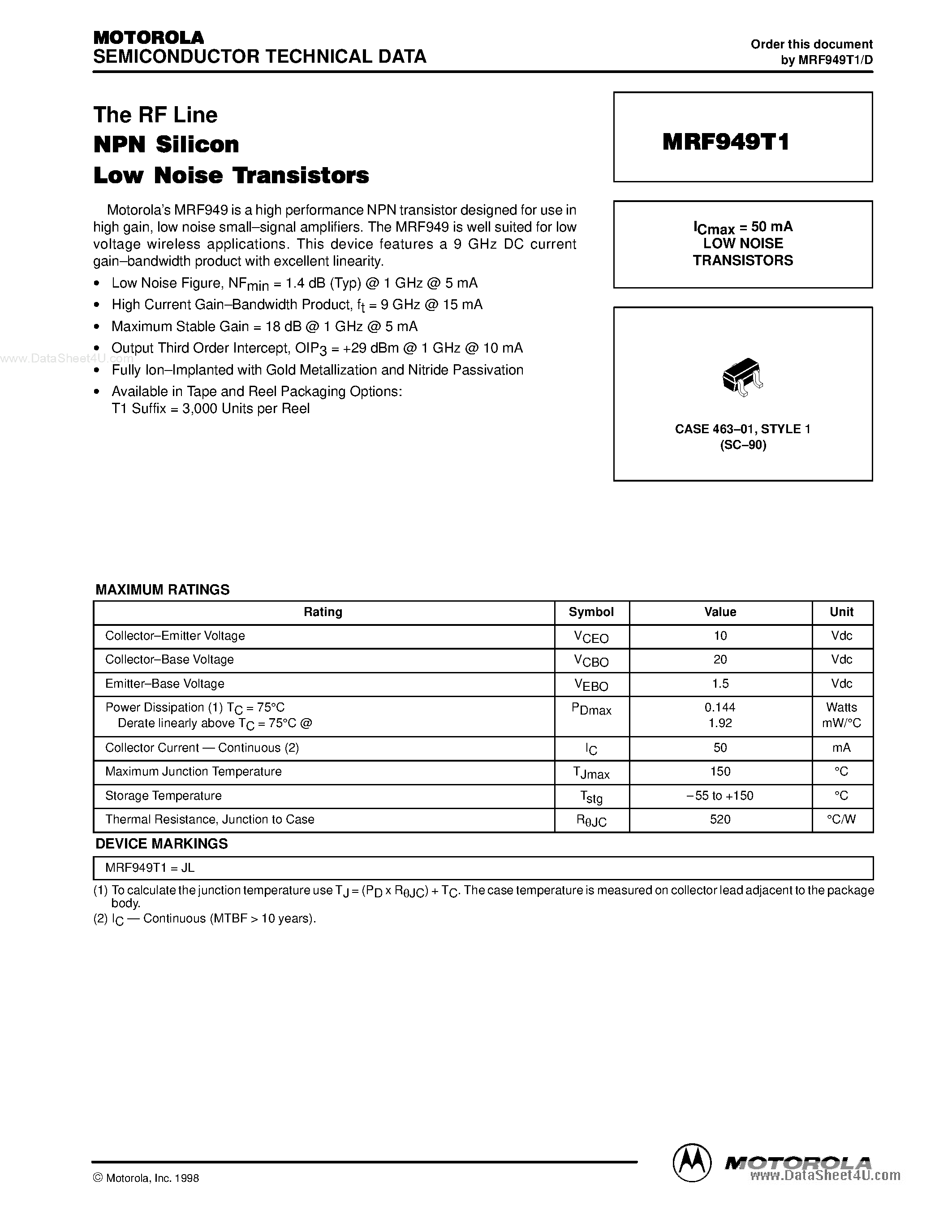 Datasheet MRF949T1 - LOW NOISE TRANSISTORS page 1