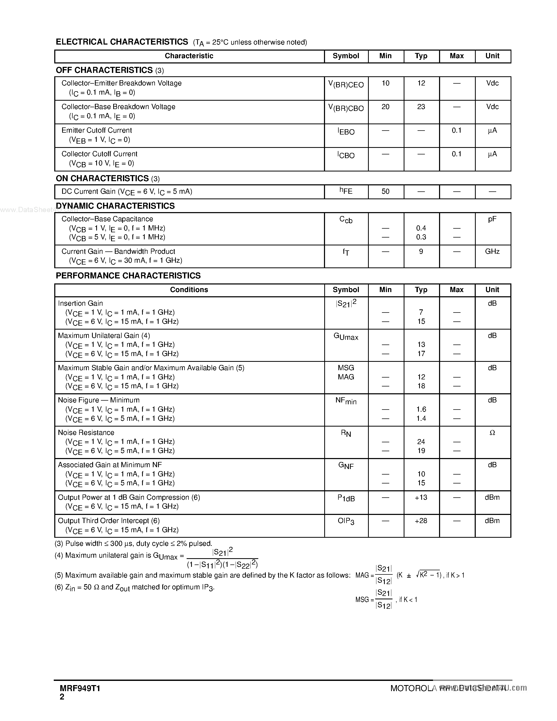 Datasheet MRF949T1 - LOW NOISE TRANSISTORS page 2