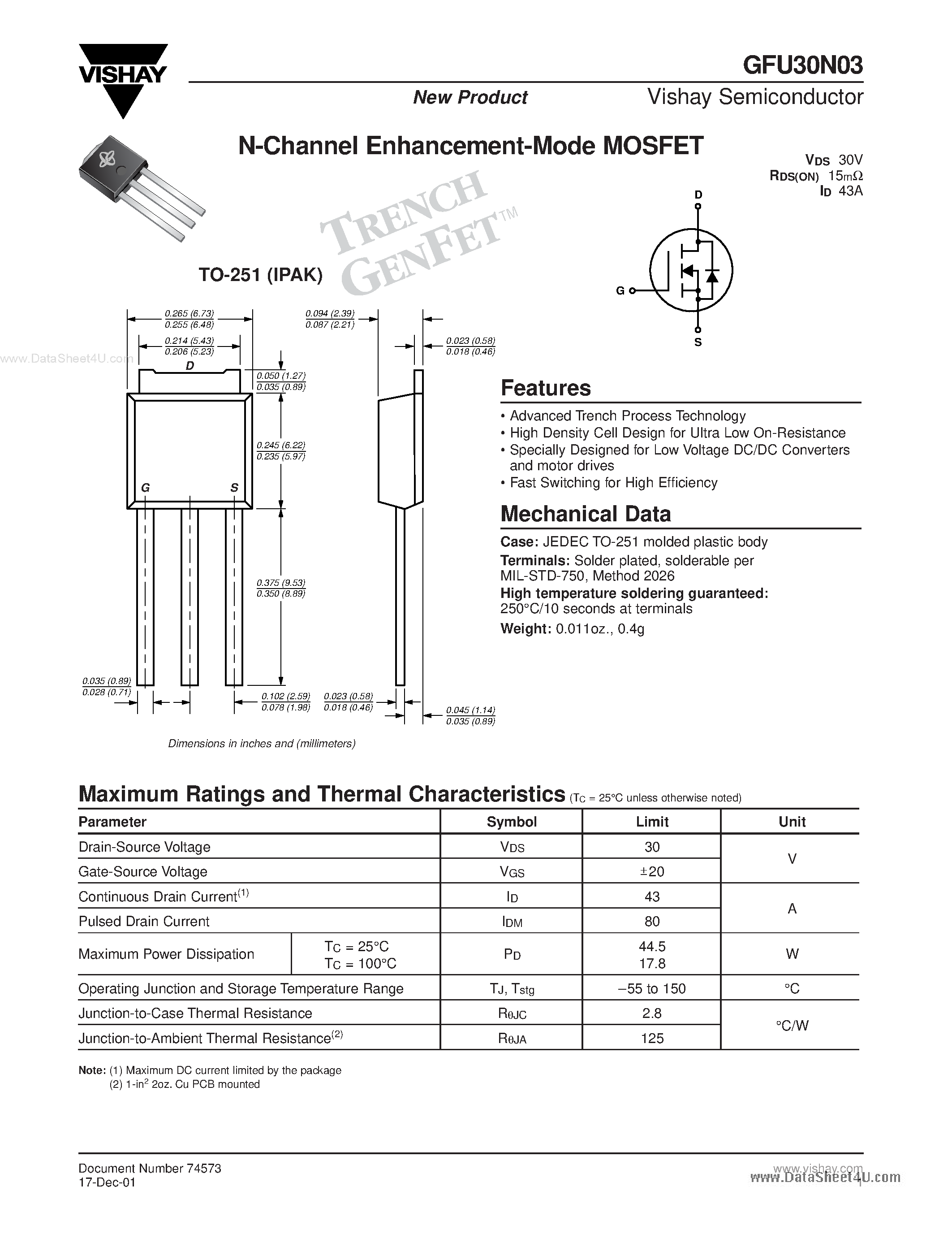 Datasheet GFU30N03 - N-Channel Enhancement Mode MOSFET page 1