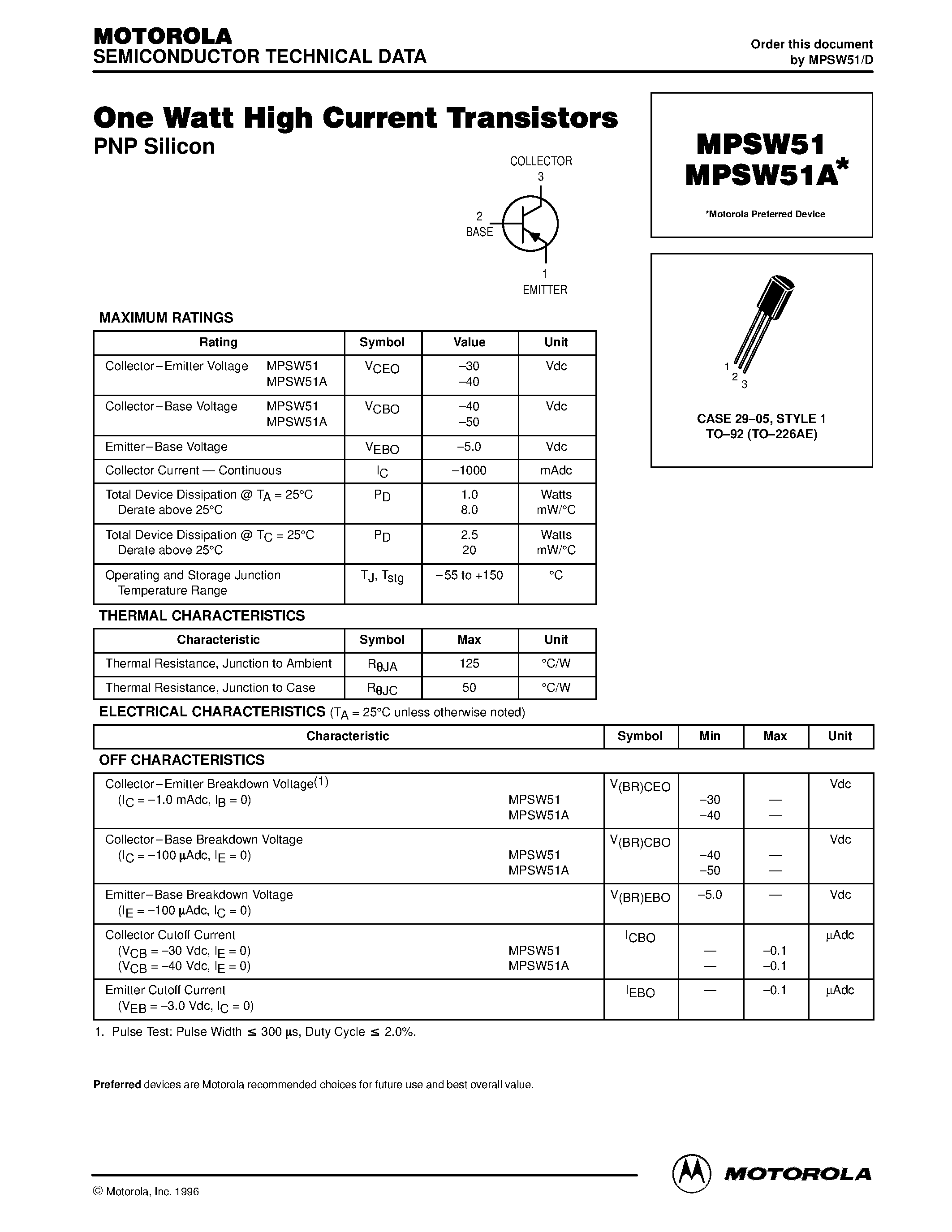 Datasheet MPSW51 page 1 Datasheet MPSW51 - One Watt High Current Transistors page 1
