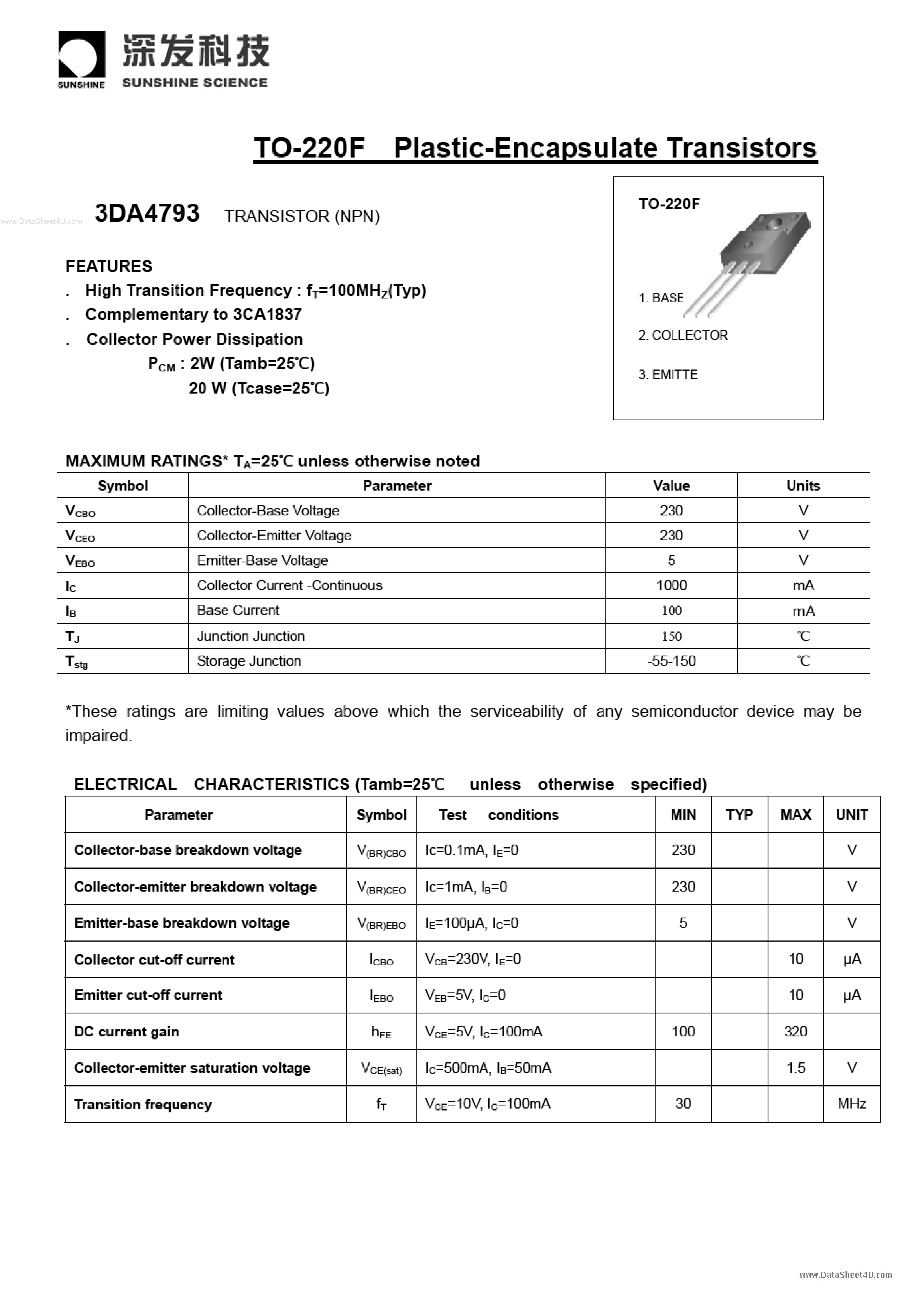 Даташит 3DA4793 - TO-220F Plastic-Encapsulate Transistors страница 1